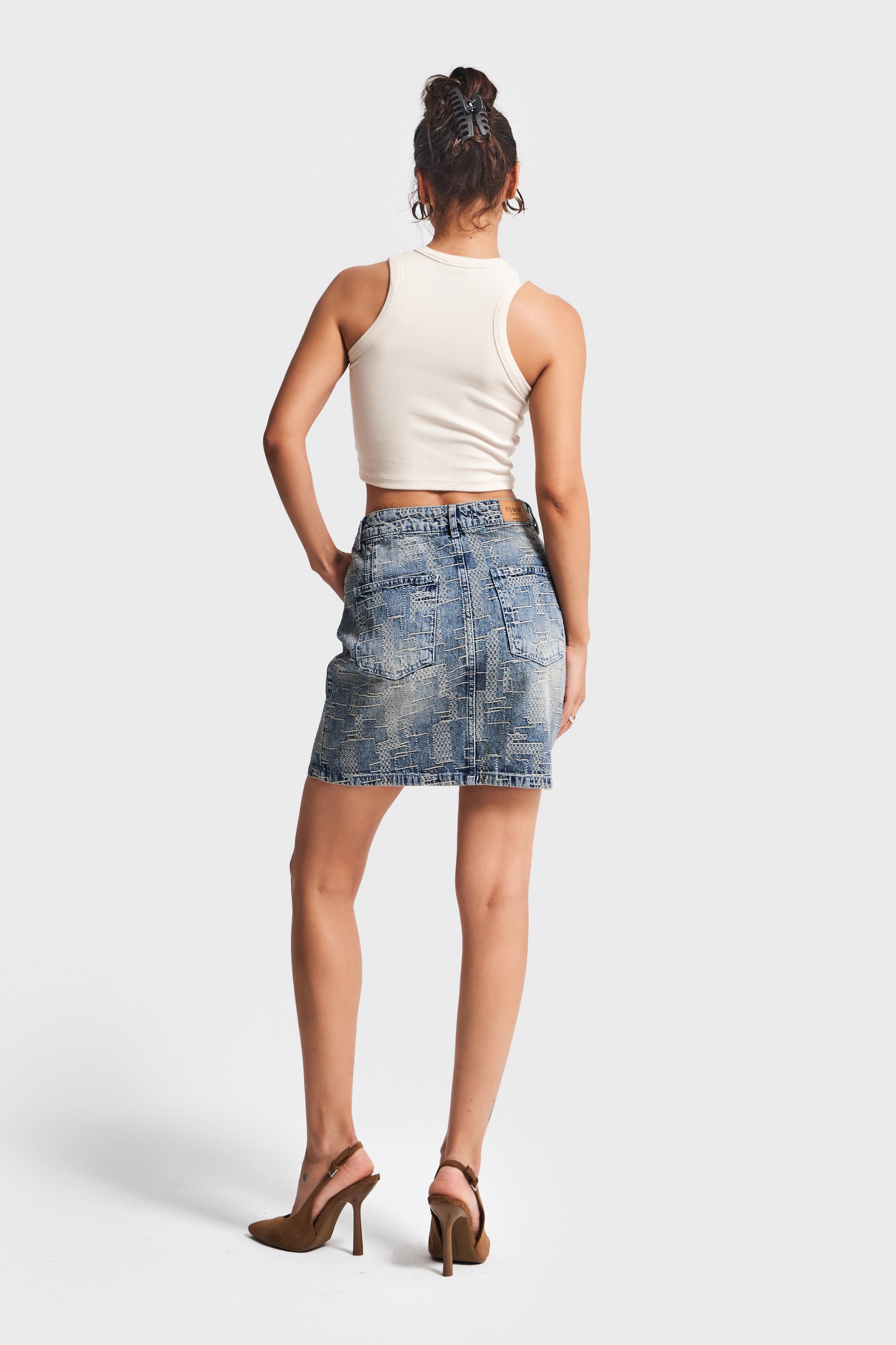 Kadın Kot Rengi 4w5-32 Özel Kumaş Mini Boy Tasarım Denim Etek
