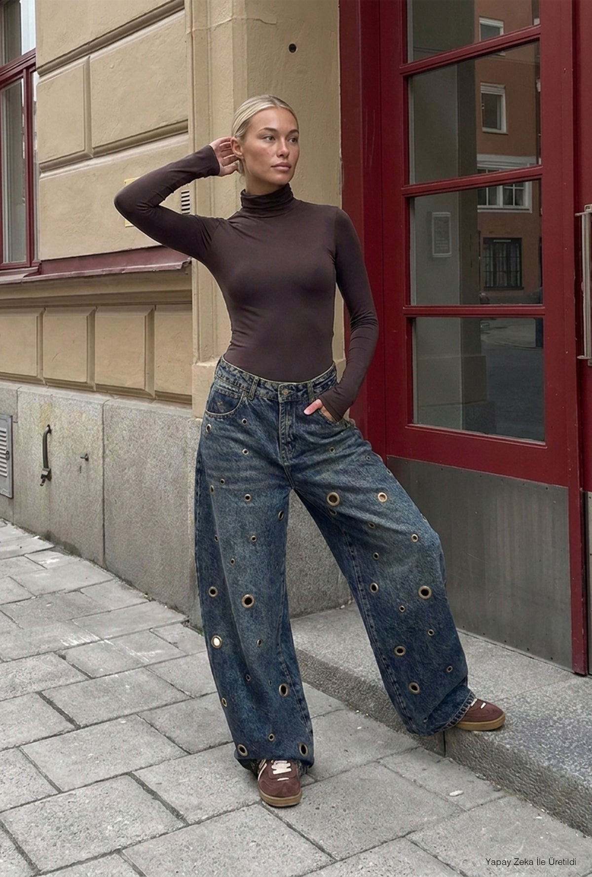 Kadın Kot Rengi 4w6-11 Barrel Fit Kuş Gözü Detaylı Özel Tasarım Denim Jean