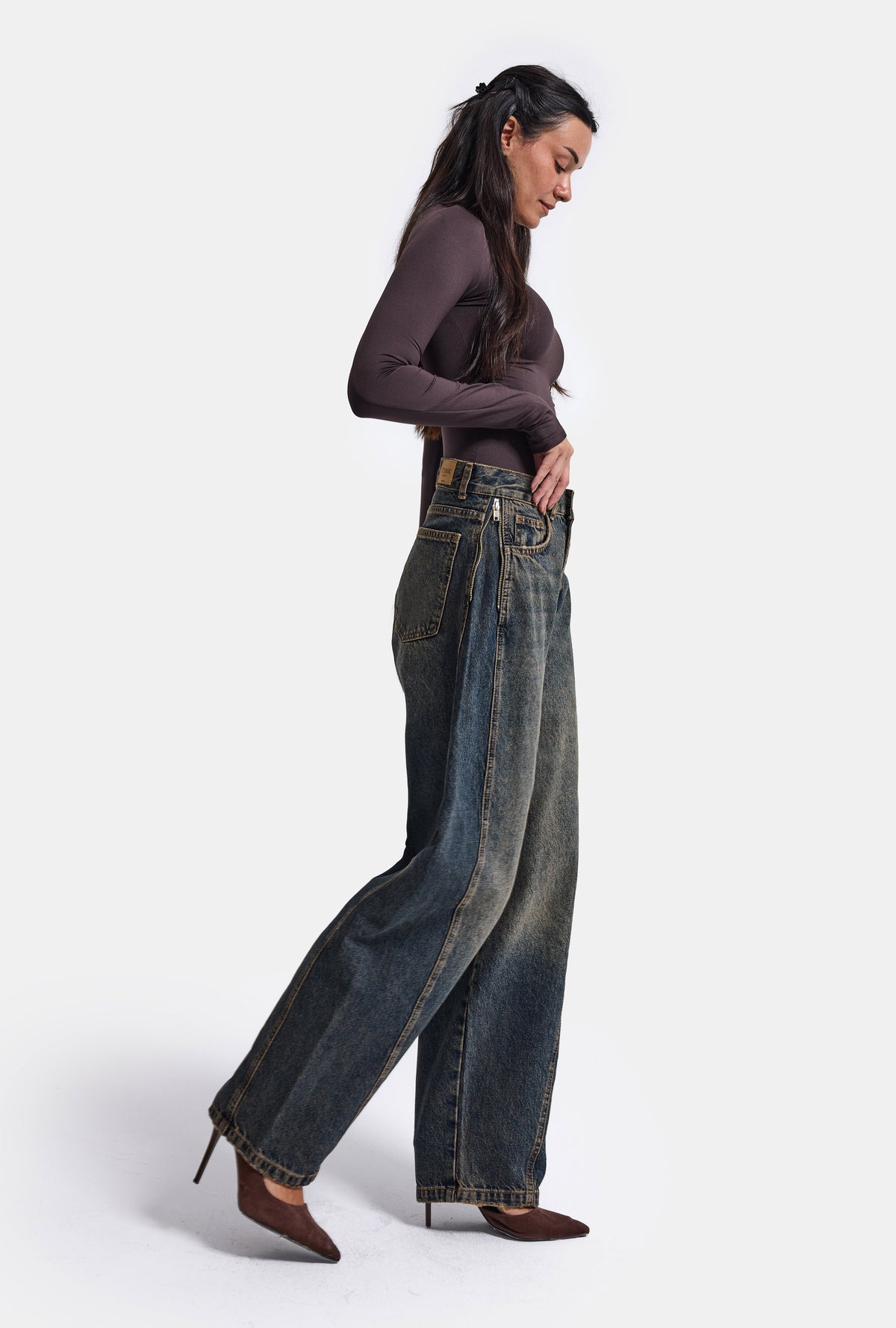 Kadın Kot Rengi 4w6-8 Barrel Fit Yan Fermuar Detaylı Tasarım Denim Jean