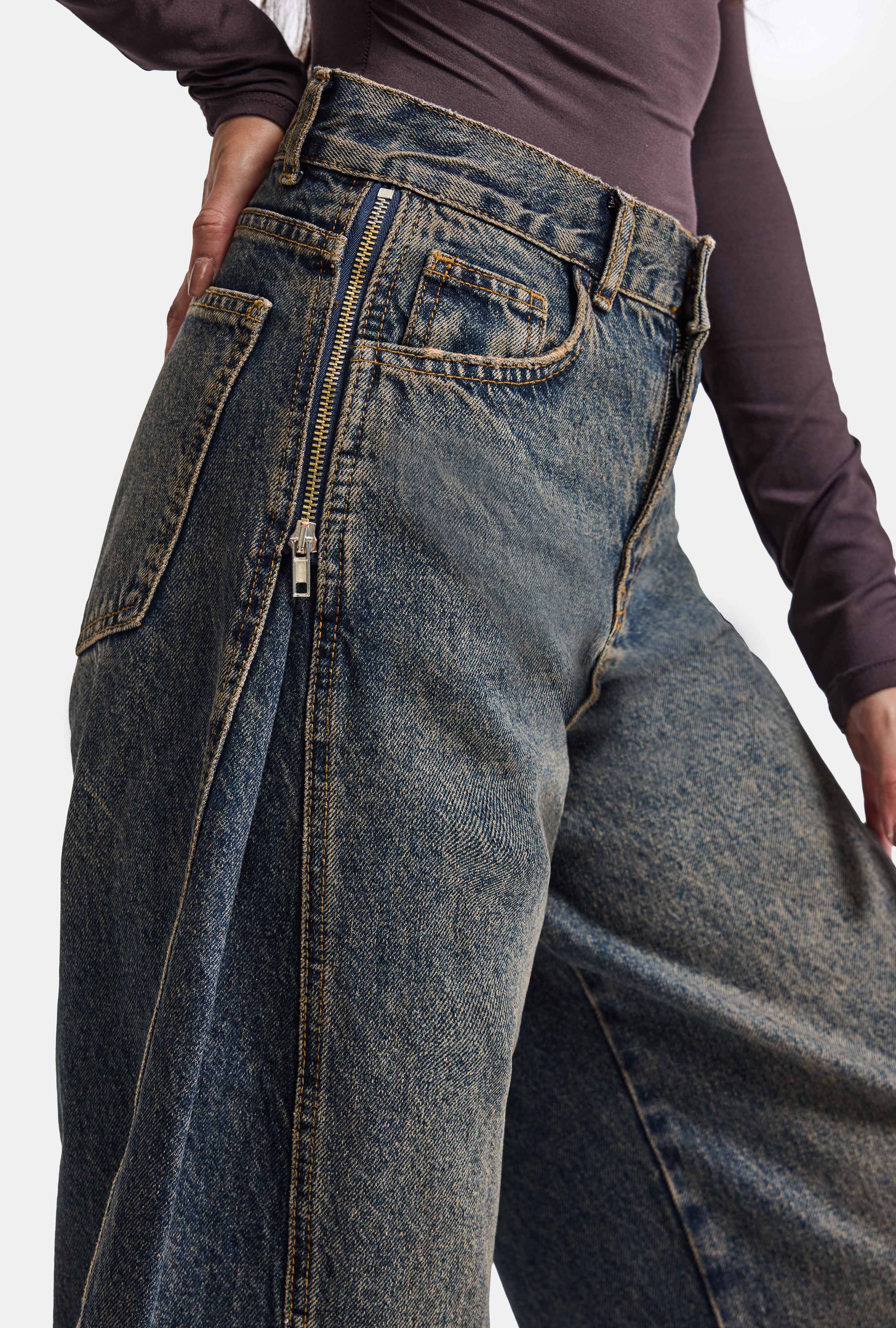 Kadın Kot Rengi 4w6-8 Barrel Fit Yan Fermuar Detaylı Tasarım Denim Jean