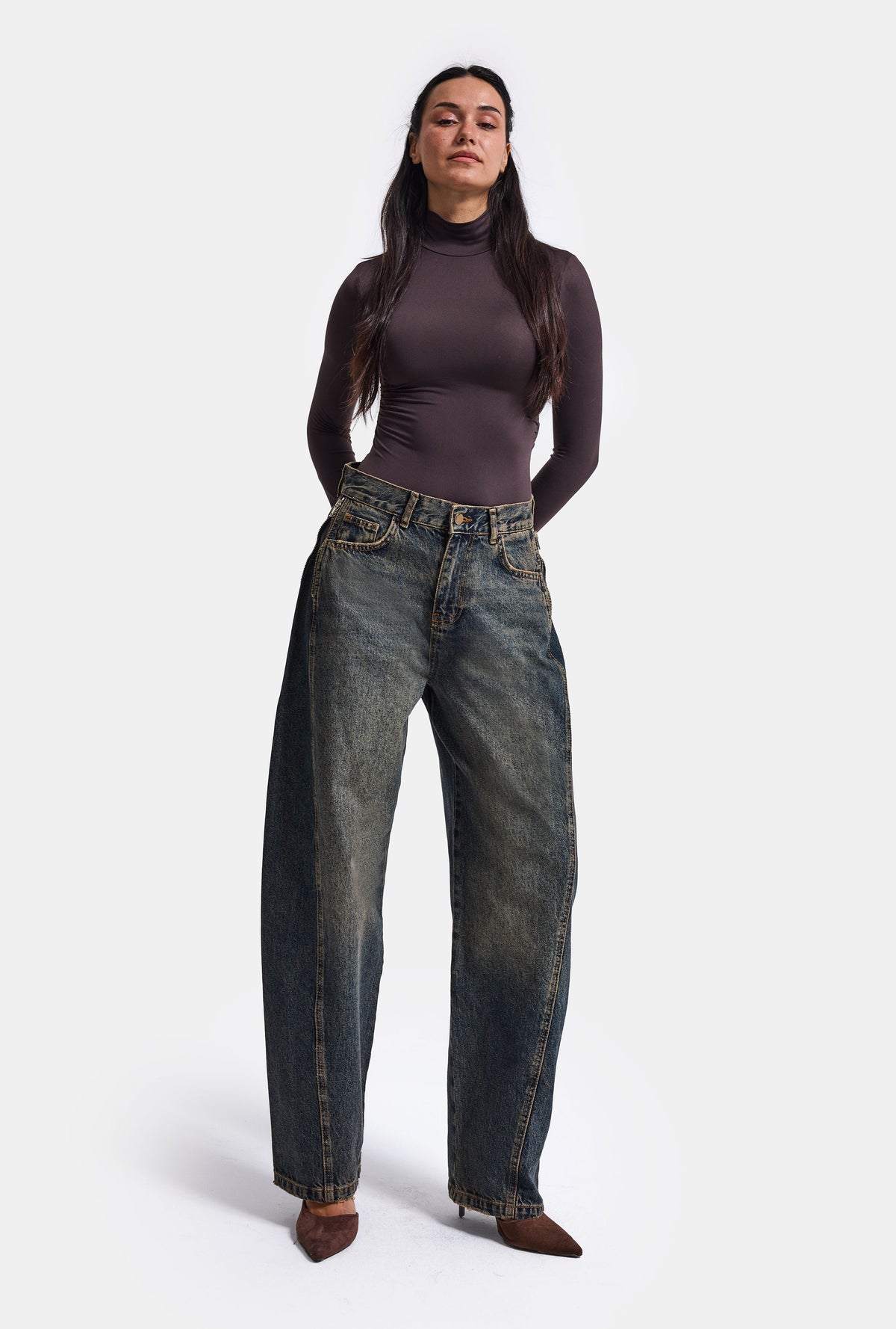 Kadın Kot Rengi 4w6-8 Barrel Fit Yan Fermuar Detaylı Tasarım Denim Jean