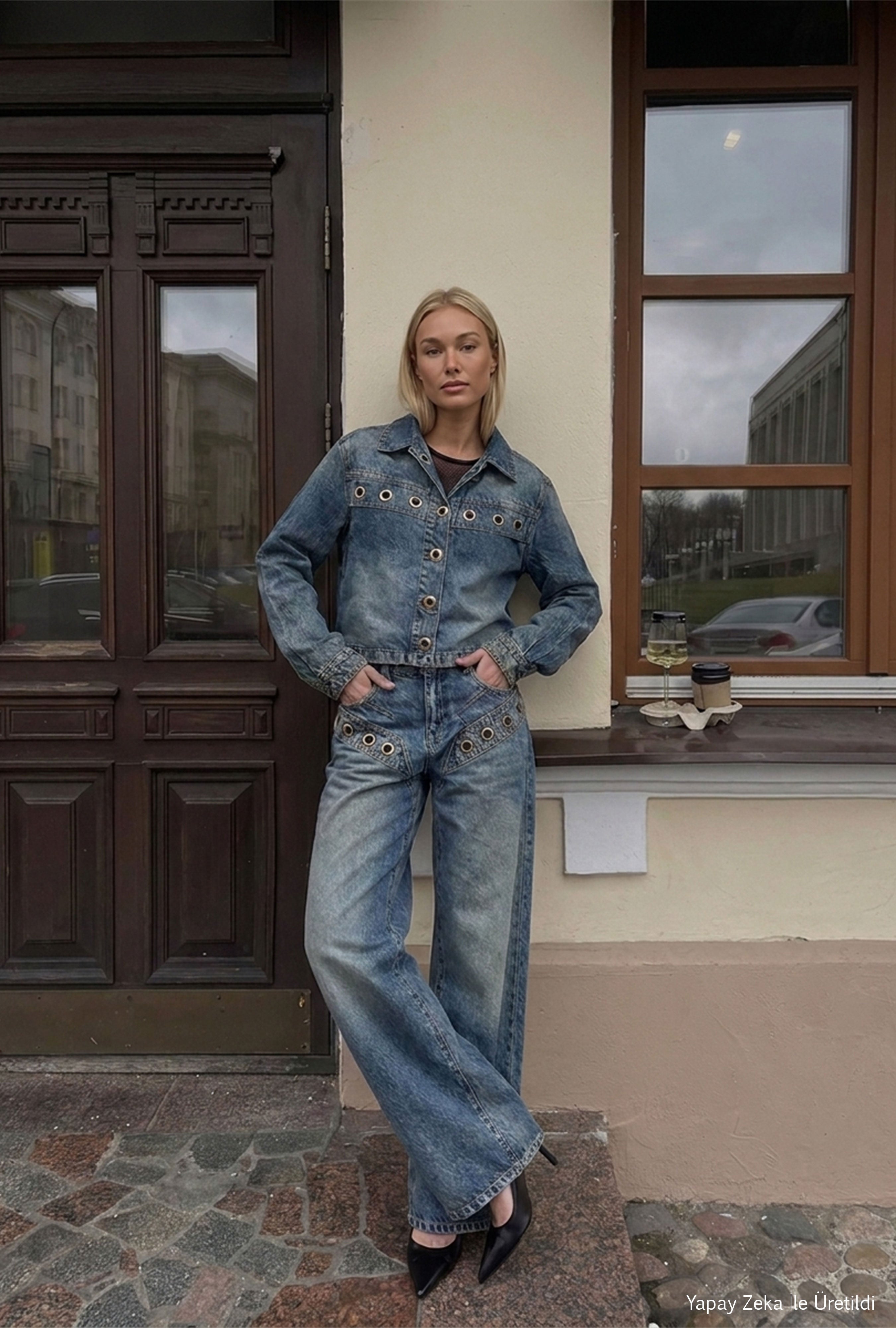 Kadın Kot Rengi 4w6-8 Kemer Boy Kuş Gözü Detaylı Özel Tasarım Denim Ceket