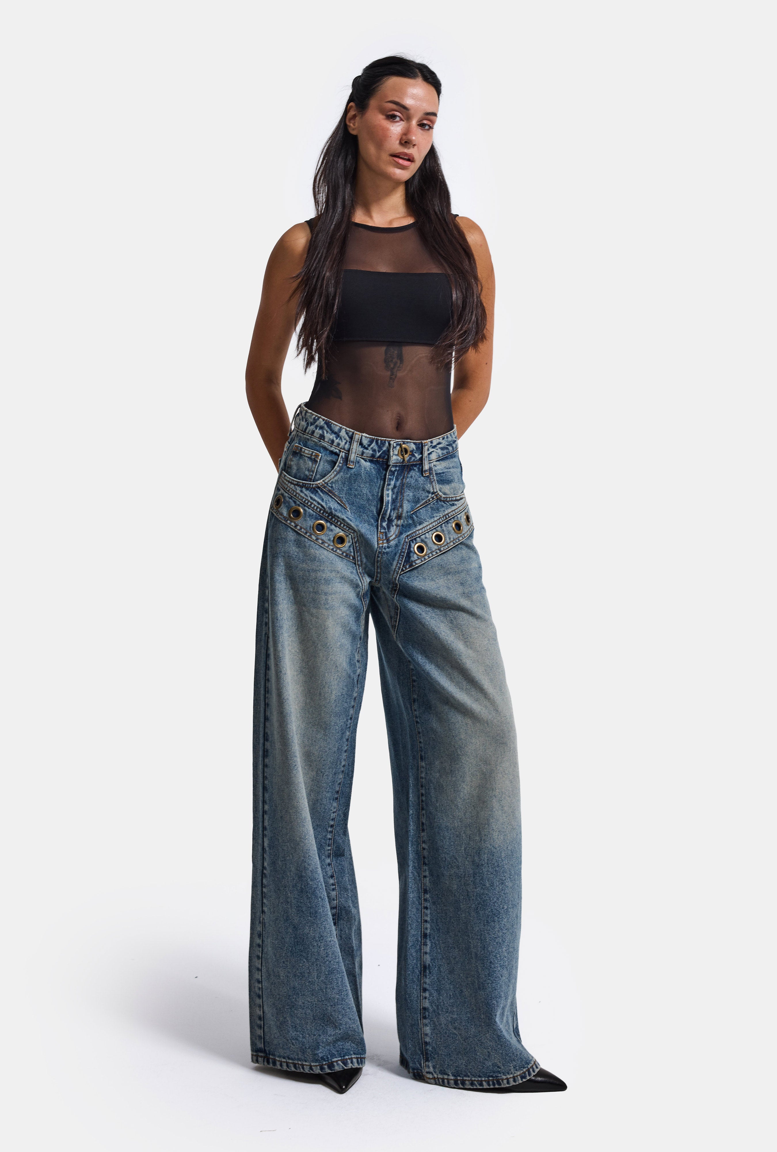 Kadın Kot Rengi 4w6-8 Wide Leg Baggy Fit Kuş Gözü Detaylı Özel Tasarım Denim Jean