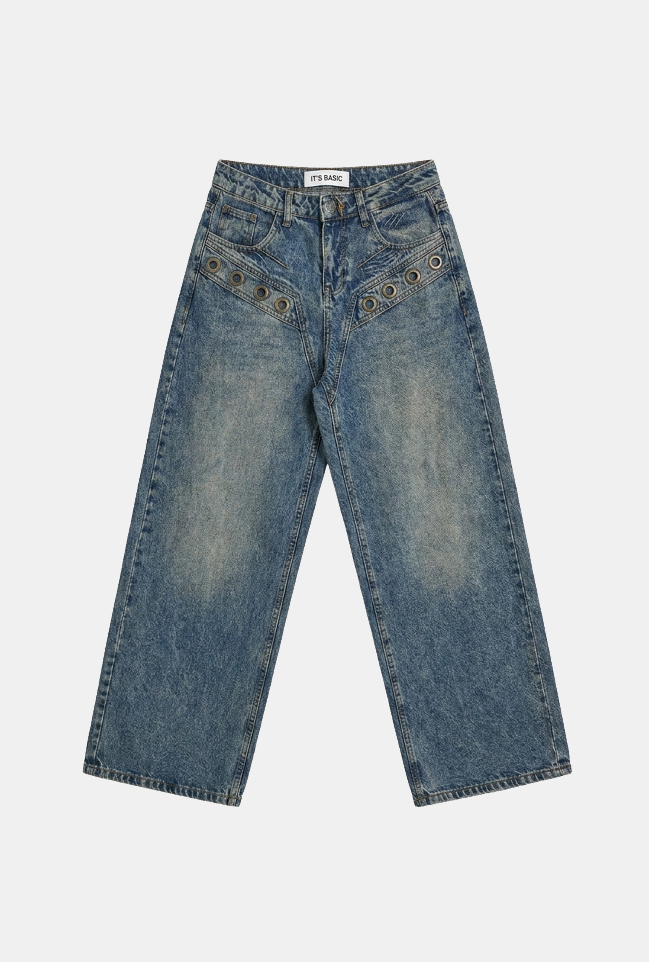Kadın Kot Rengi 4w6-8 Wide Leg Baggy Fit Kuş Gözü Detaylı Özel Tasarım Denim Jean