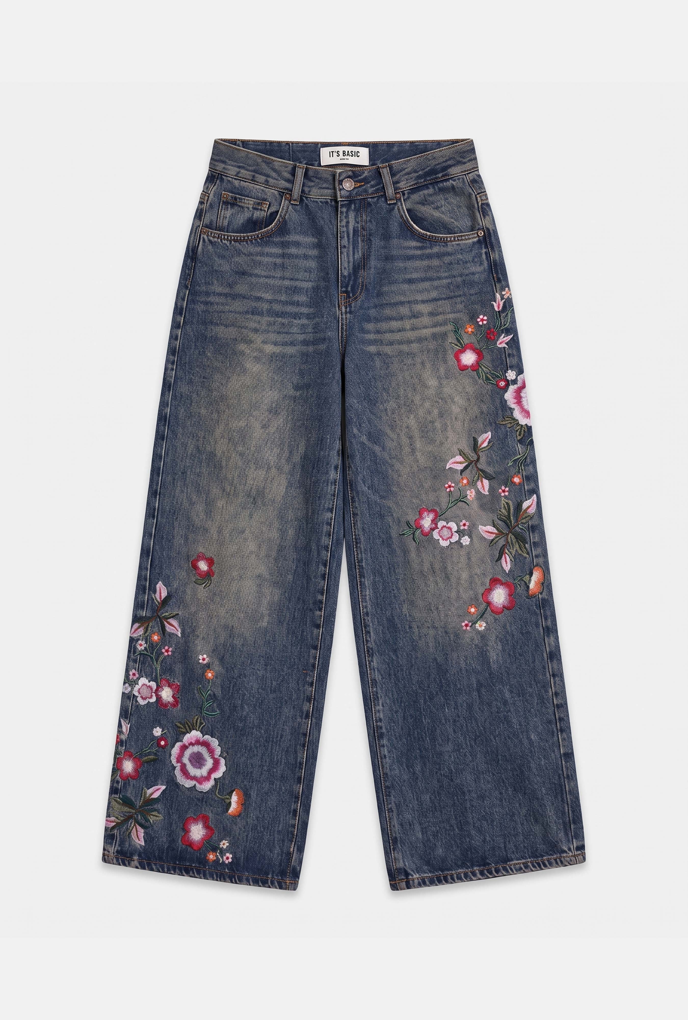 Kadın Kot Rengi 4w6-85 Palazzo Fit Renkli Nakış Özel Tasarım Denim Jean