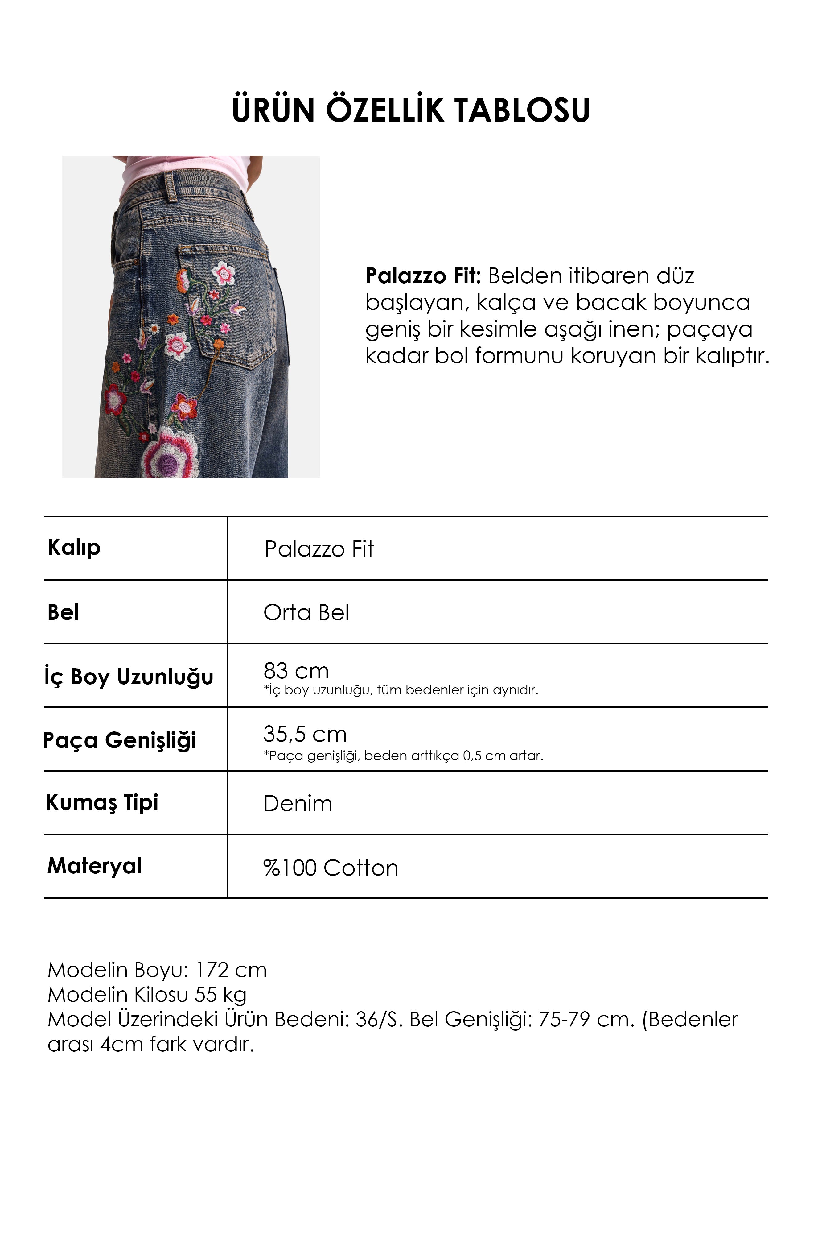 Kadın Kot Rengi 4w6-85 Palazzo Fit Renkli Nakış Özel Tasarım Denim Jean