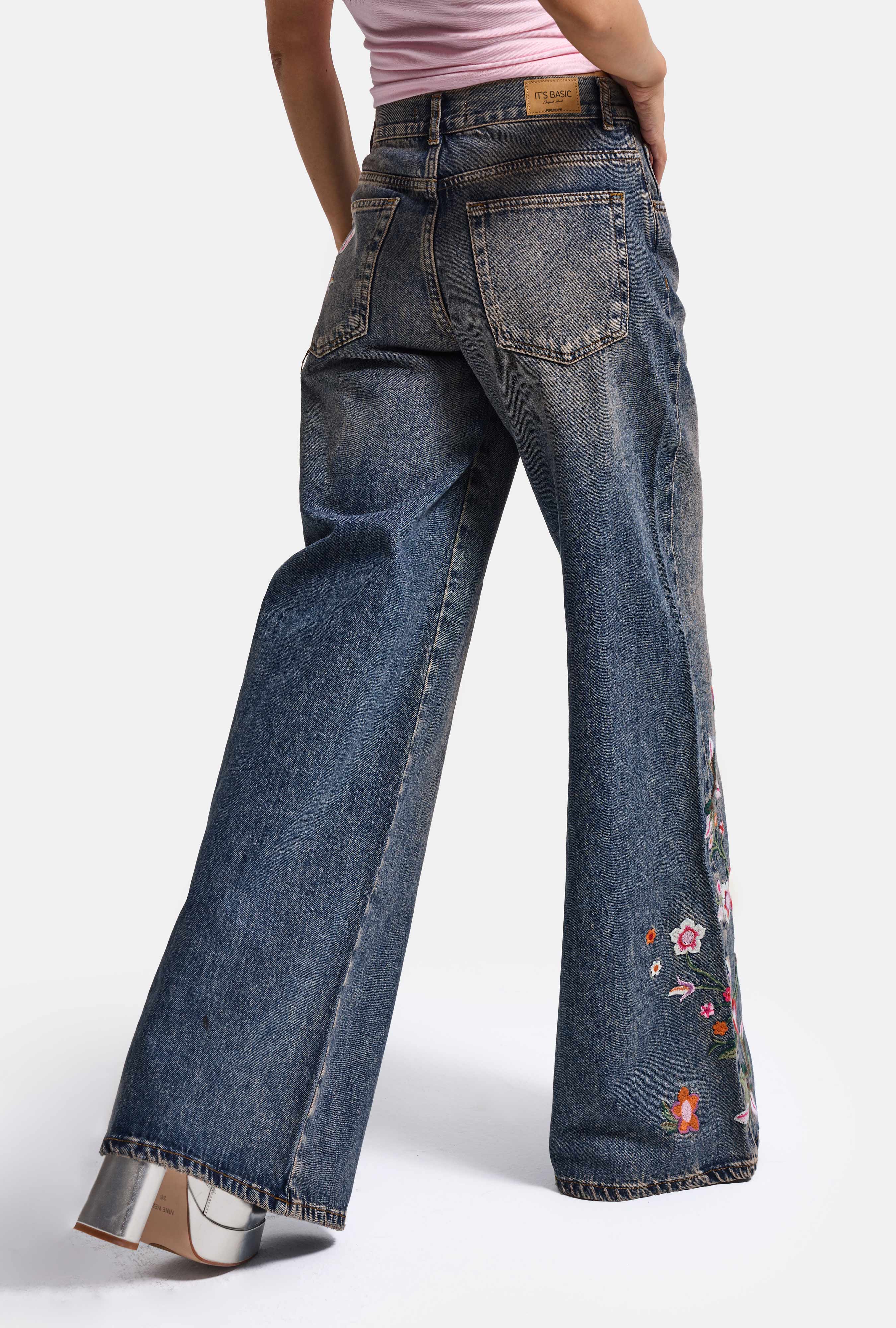 Kadın Kot Rengi 4w6-85 Palazzo Fit Renkli Nakış Özel Tasarım Denim Jean