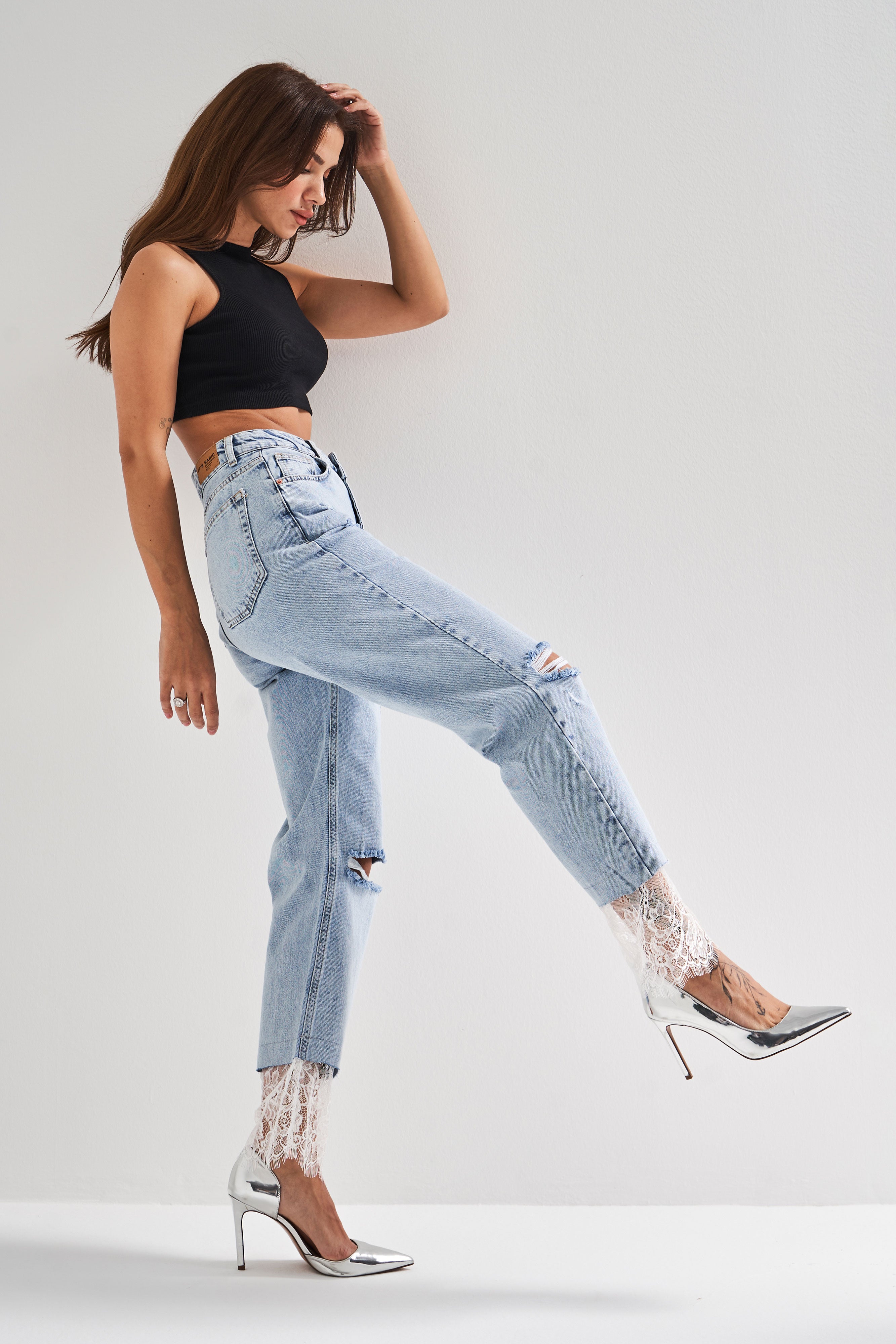 Women's Jeans Color D11S5-3 Knee Ripped Laced 100% Cotton Design Denim Jean