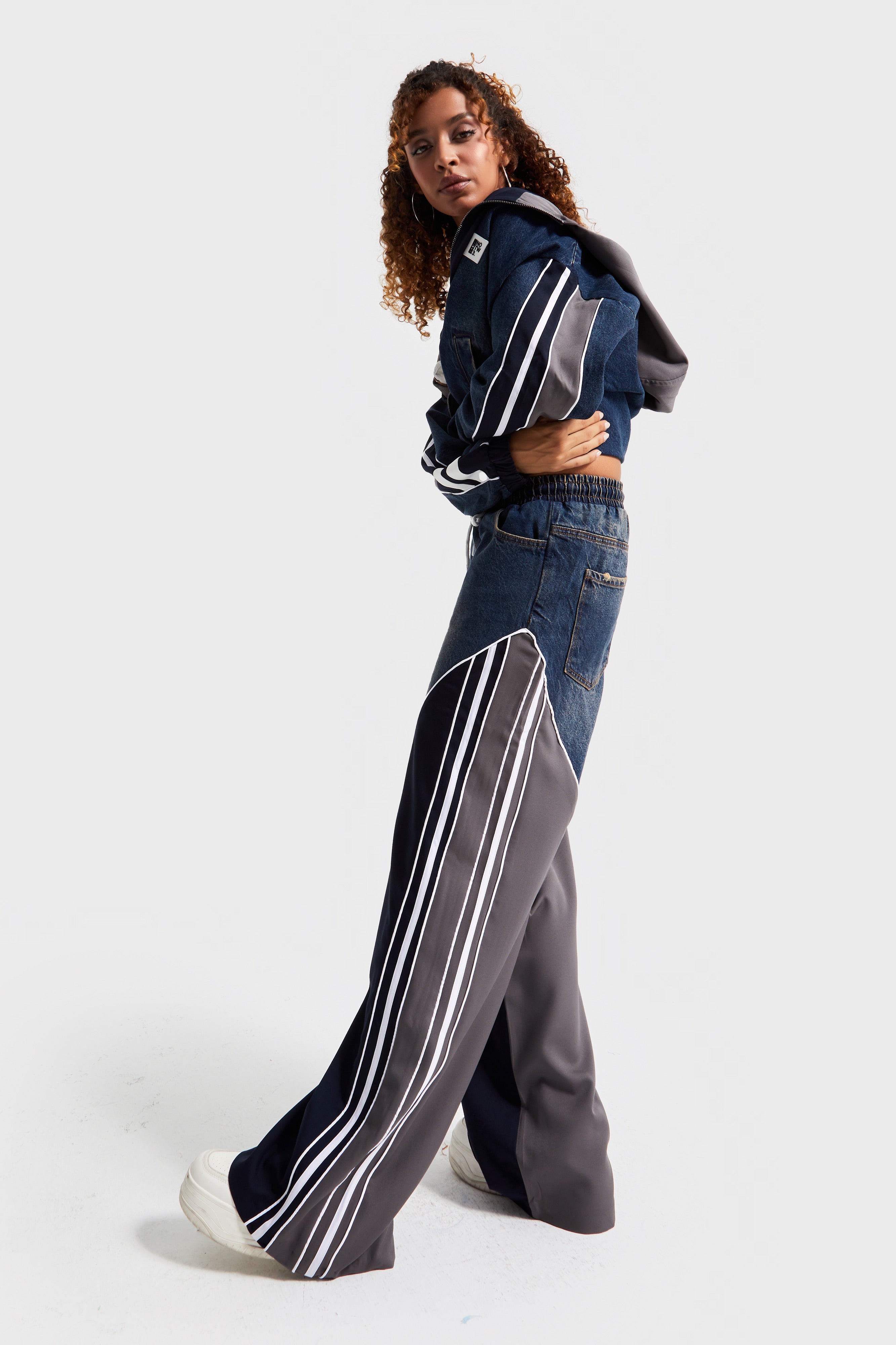 Kadın Kot Rengi Denim Kumaş Parçalı Bol Kesim Özel Tasarım Denim Jean