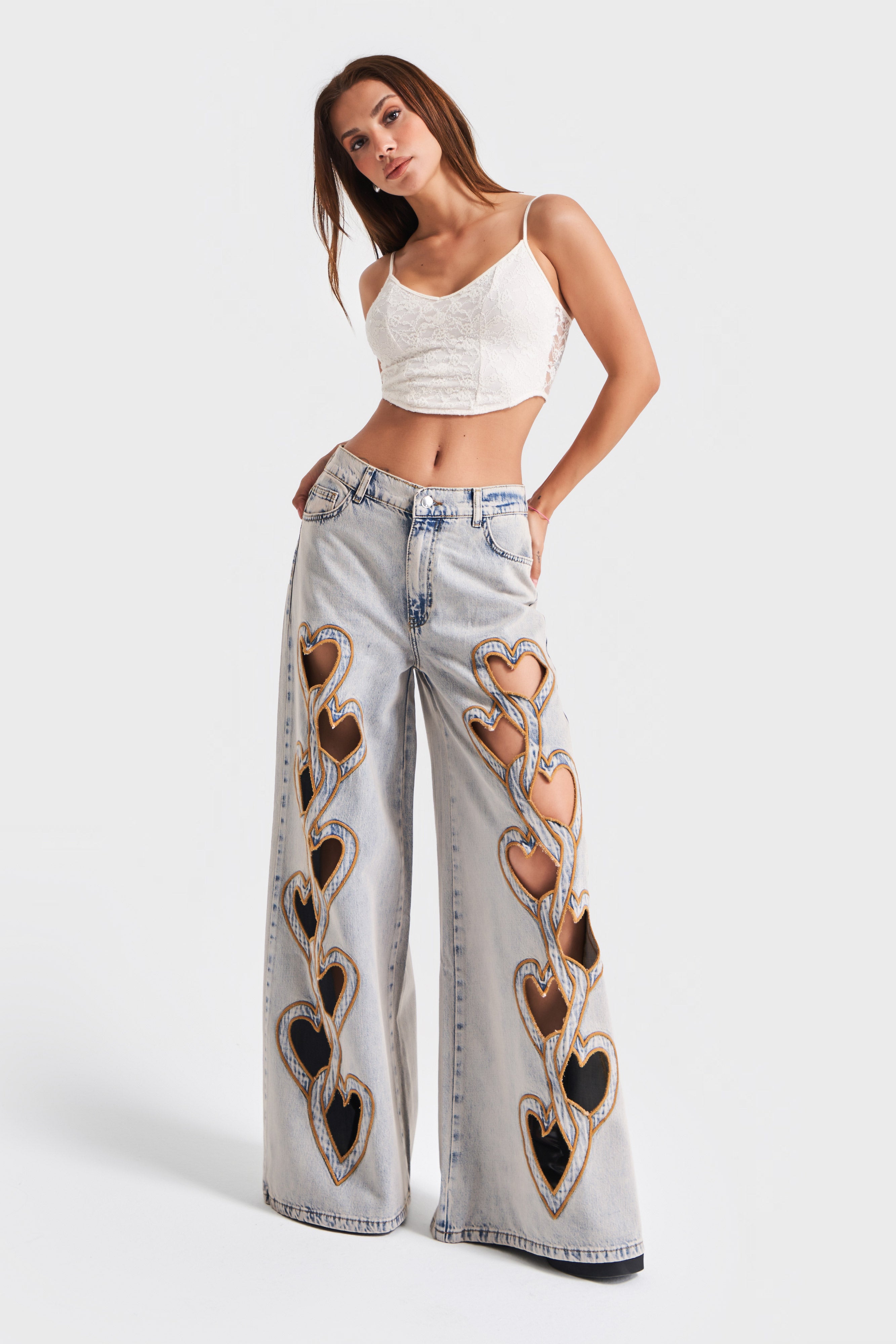 Kadın Kot Rengi Kalp Nakışlı Özel Tasarım Palazzo Fit Orta Bel Denim Jean