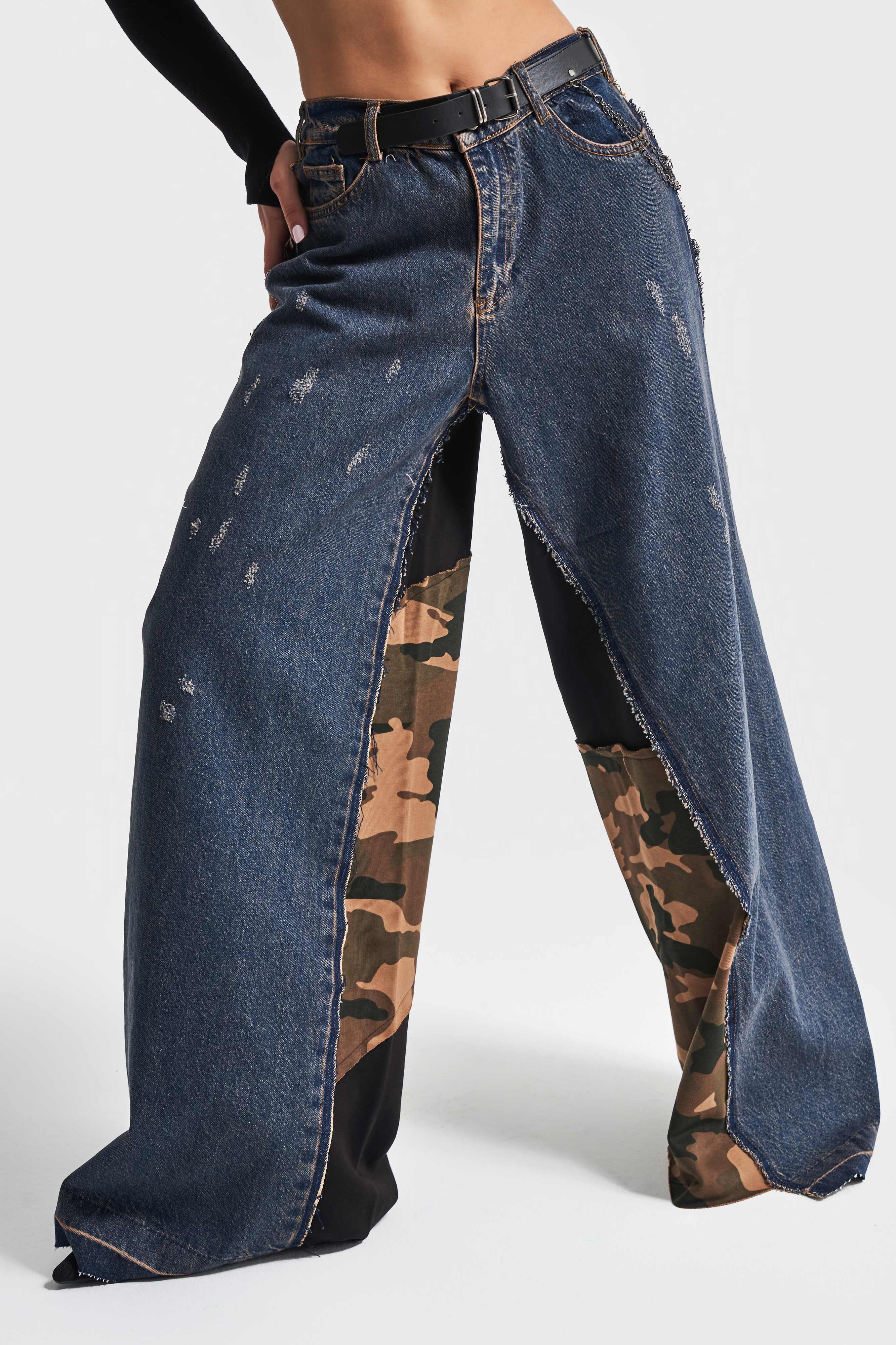 Women's Denim Color Camouflage Knitted Fabric Blend Belted Palazzo Fit Design Denim