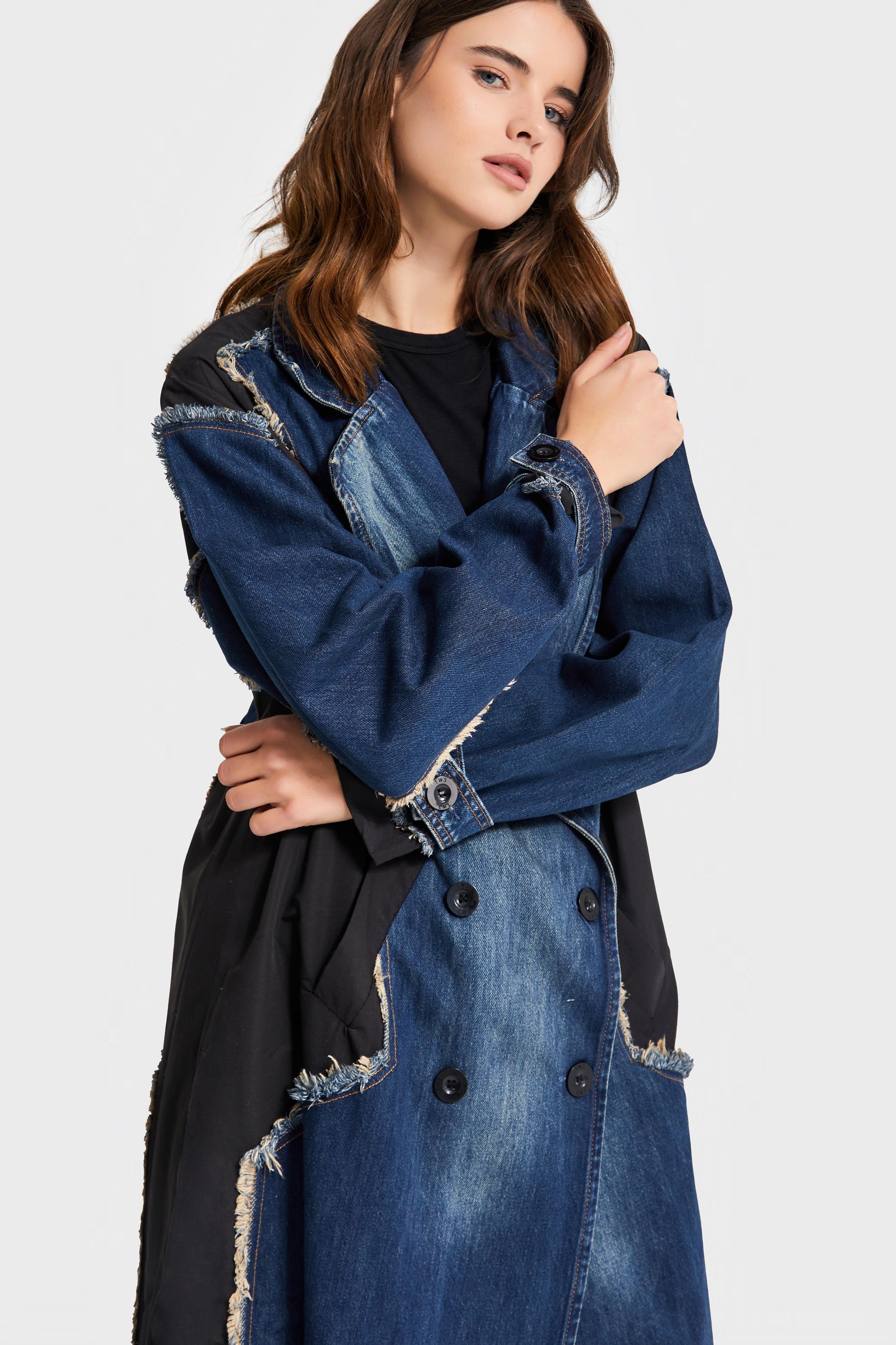 Kadın Kot Rengi Oversize Çift Parça Kumaş Özel Tasarım Denim Trençkot Kaban