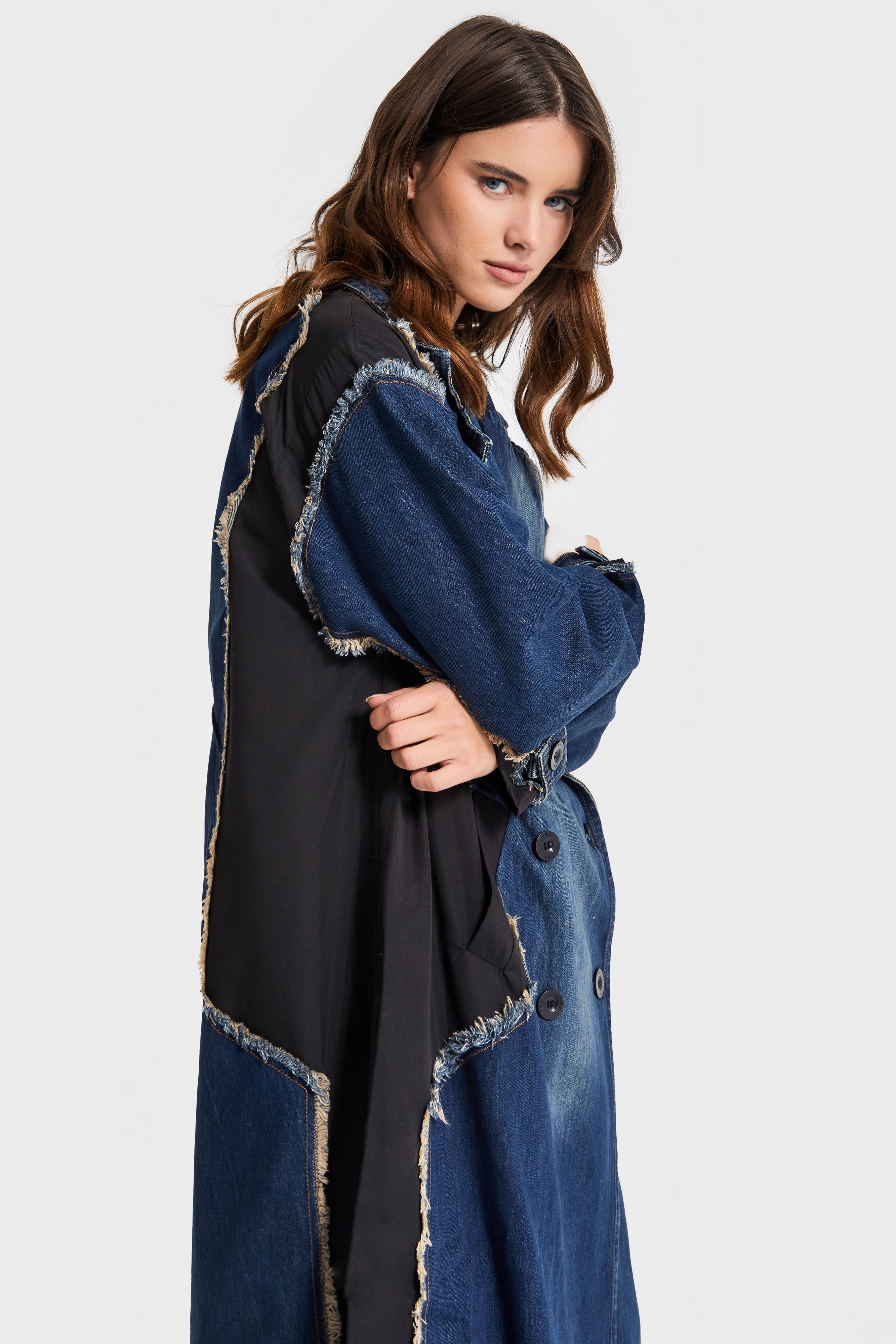 Kadın Kot Rengi Oversize Çift Parça Kumaş Özel Tasarım Denim Trençkot Kaban