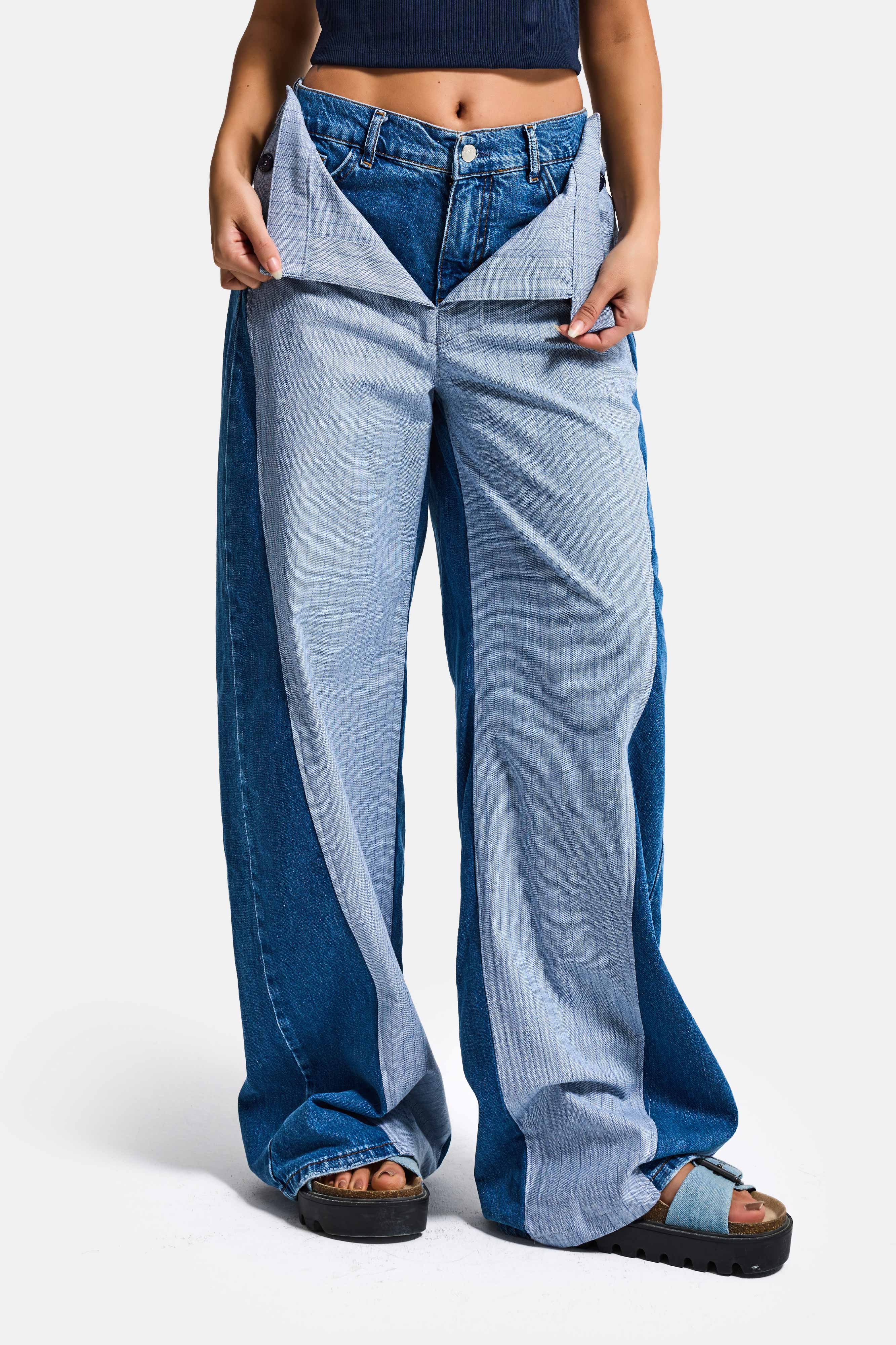 Kadın Kot Rengi Palazzo Fit Çift Kemer Detaylı Özel Tasarım Denim Jean