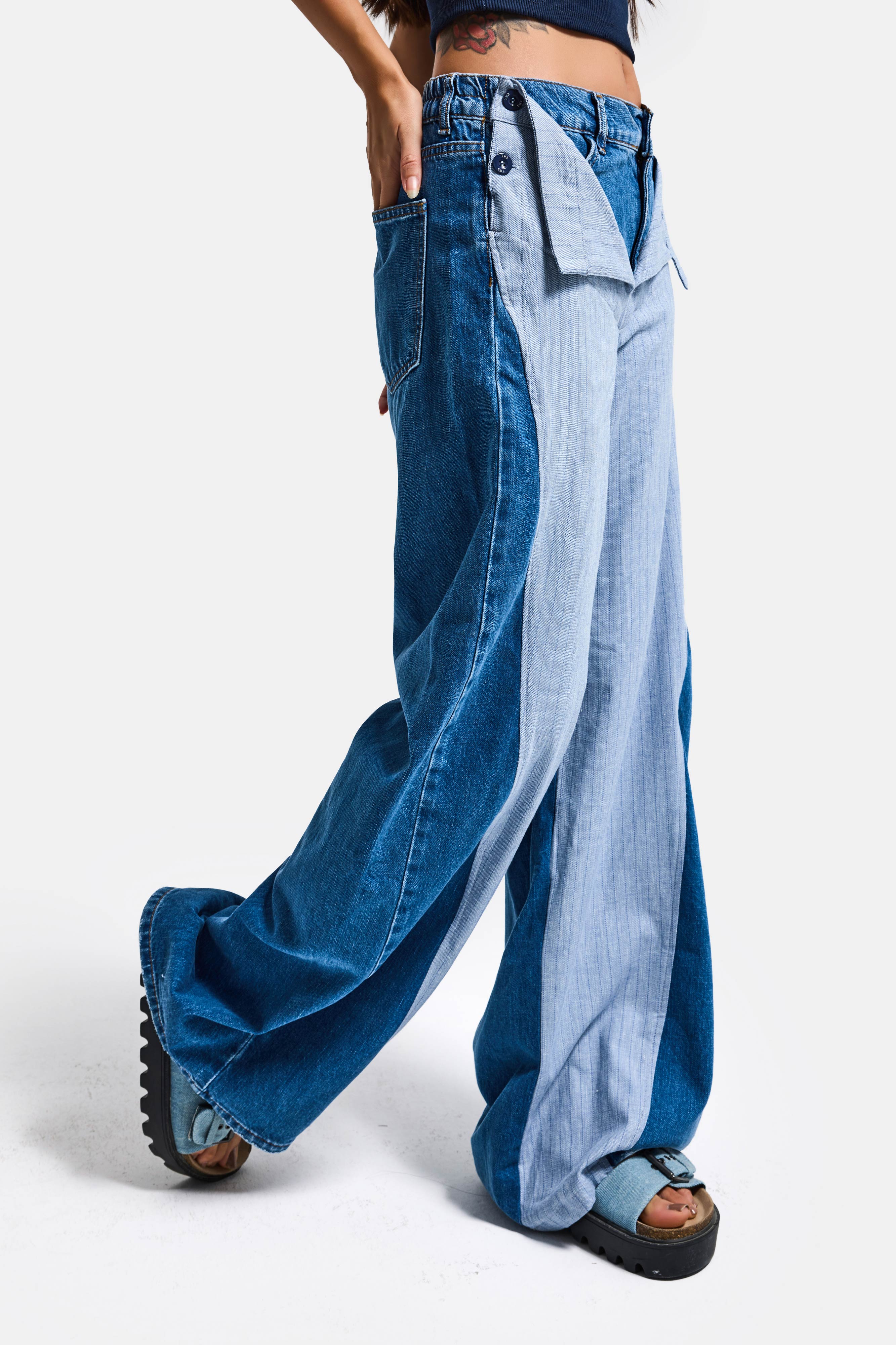 Kadın Kot Rengi Palazzo Fit Çift Kemer Detaylı Özel Tasarım Denim Jean