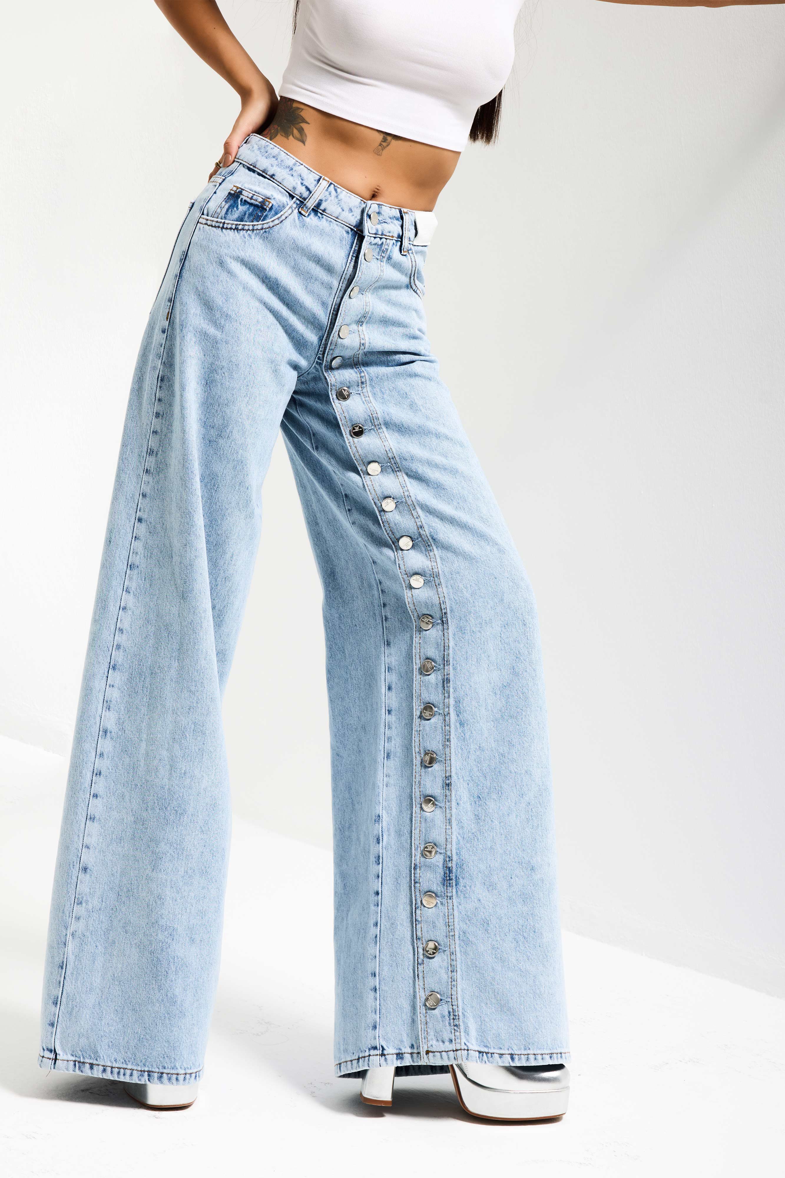 Kadın Kot Rengi Palazzo Fit Ful Düğme Yırtmaçlı Özel Tasarım Denim Jean