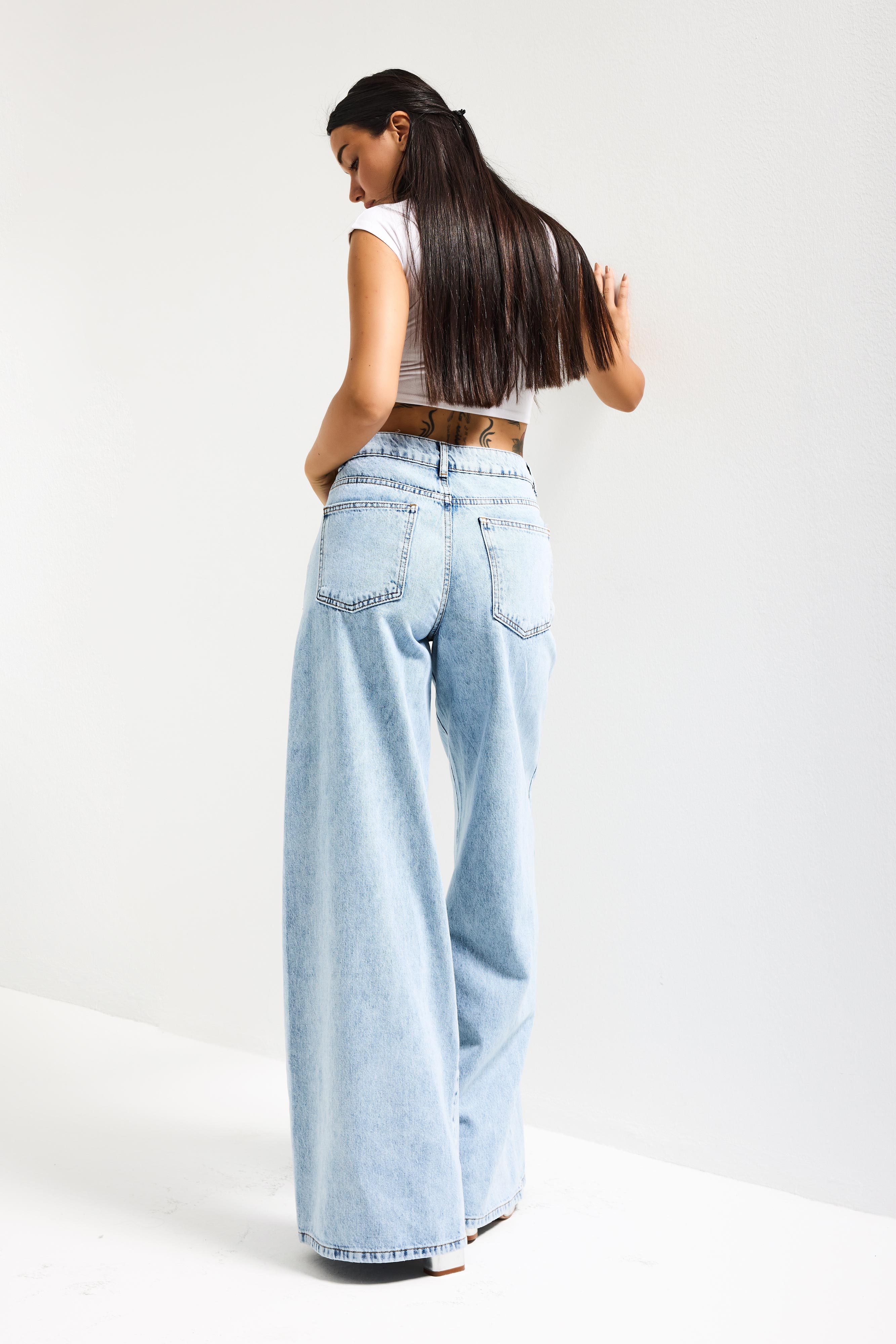 Kadın Kot Rengi Palazzo Fit Ful Düğme Yırtmaçlı Özel Tasarım Denim Jean