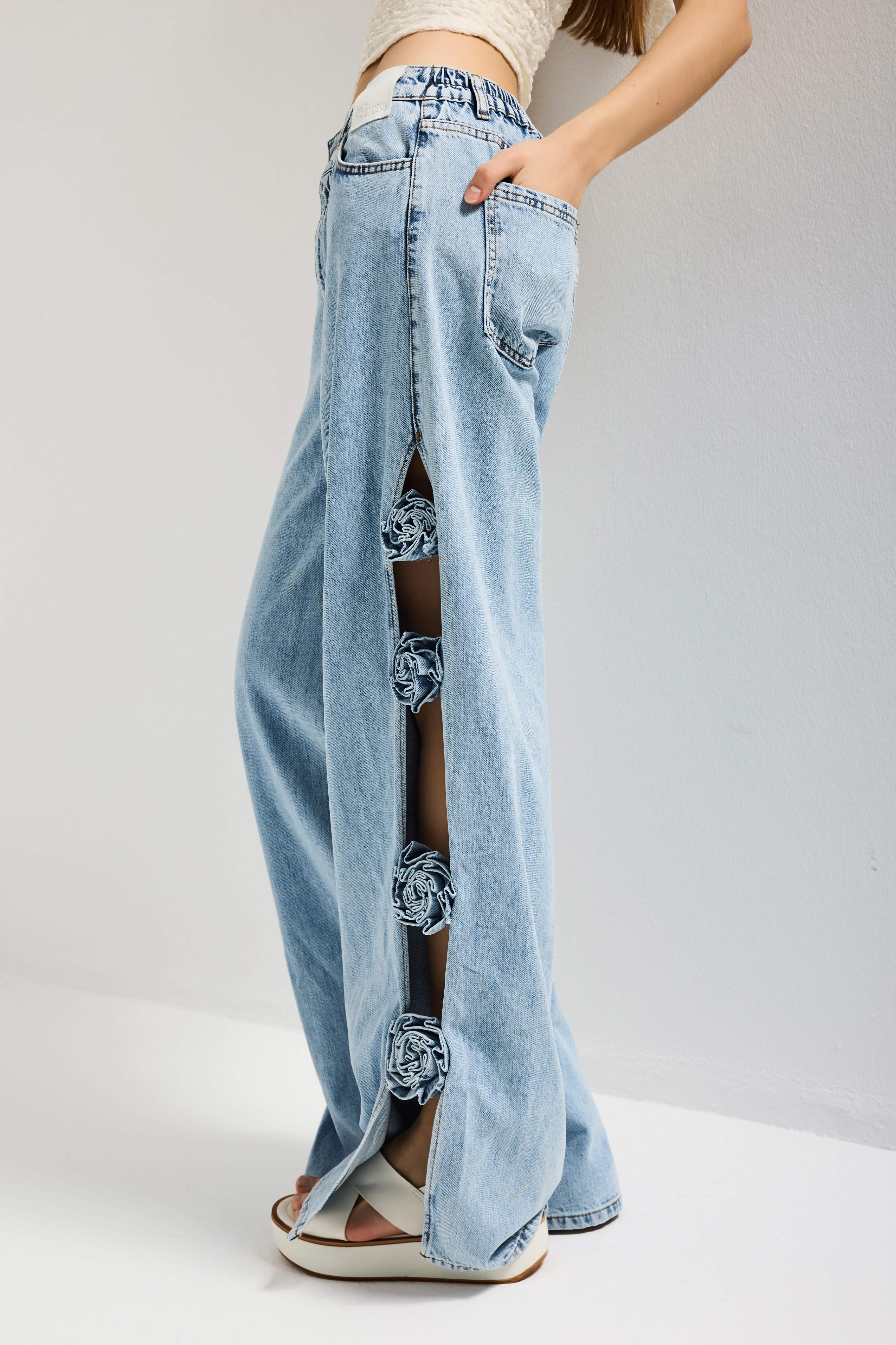 Kadın Kot Rengi Palazzo Fit Gül Detaylı Özel Tasarım Denim Jean