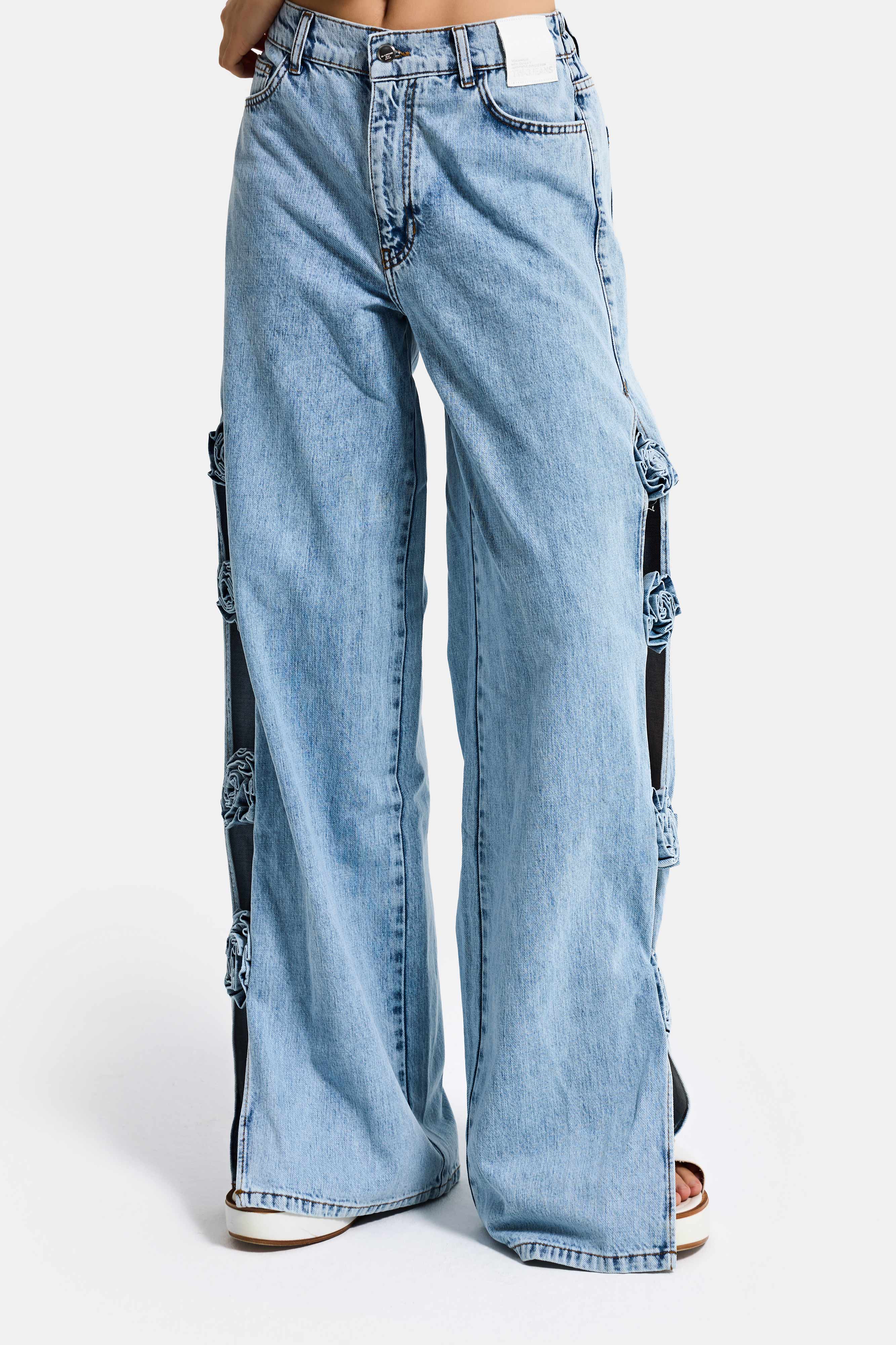 Kadın Kot Rengi Palazzo Fit Gül Detaylı Özel Tasarım Denim Jean