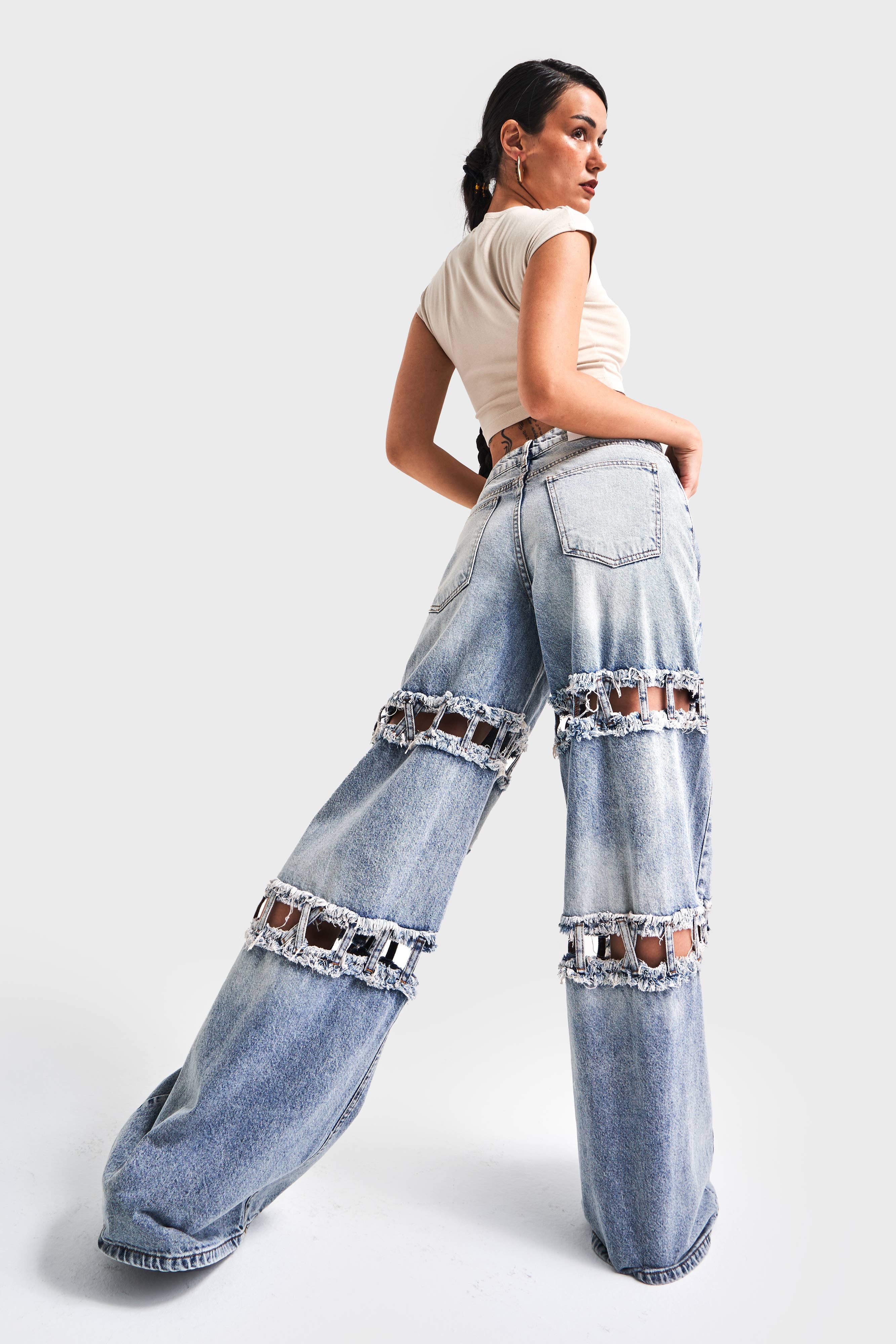 Kadın Kot Rengi Palazzo Fit Yırtık Detaylı Tasarım Denim Jean