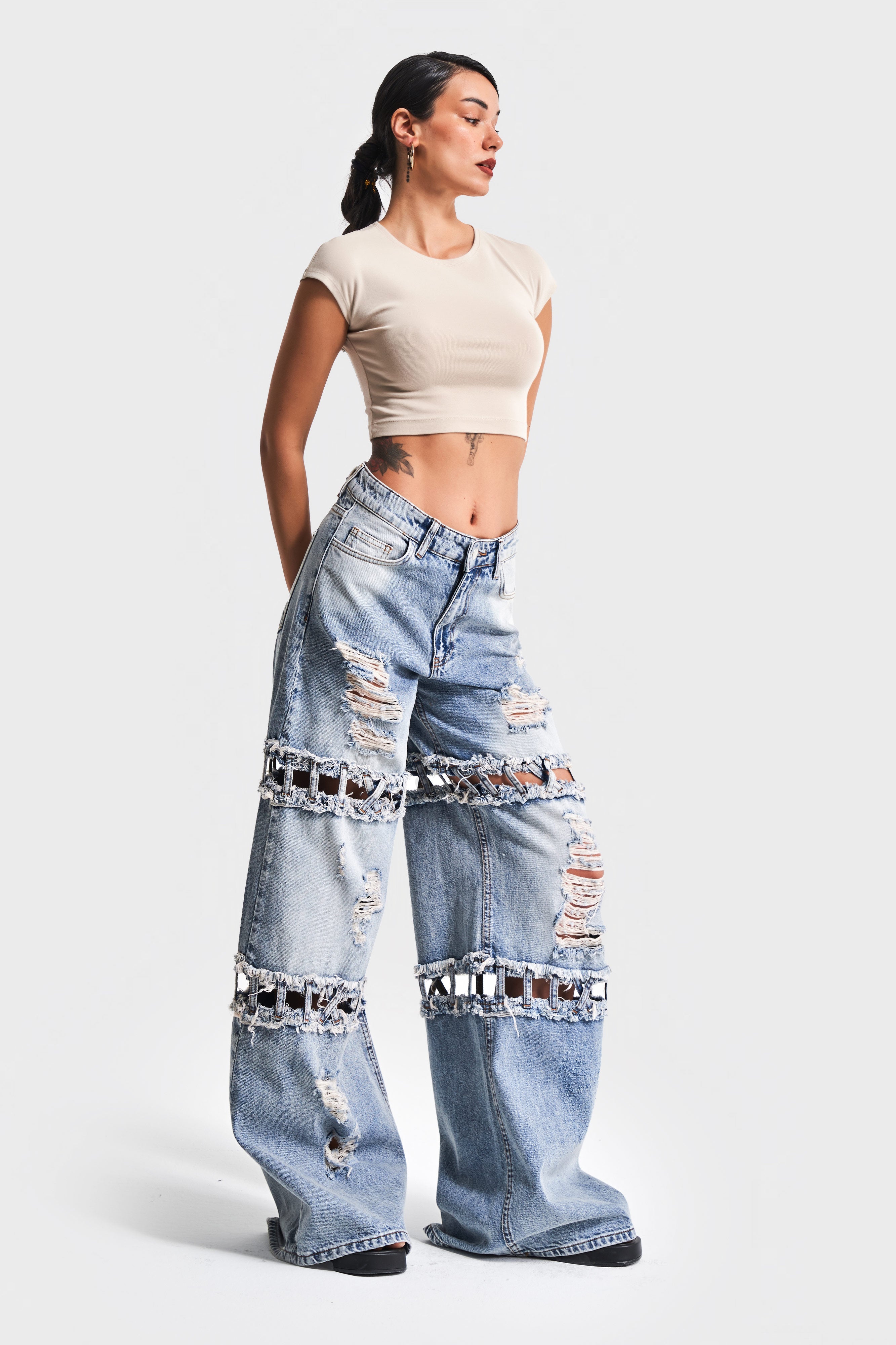 Kadın Kot Rengi Palazzo Fit Yırtık Detaylı Tasarım Denim Jean