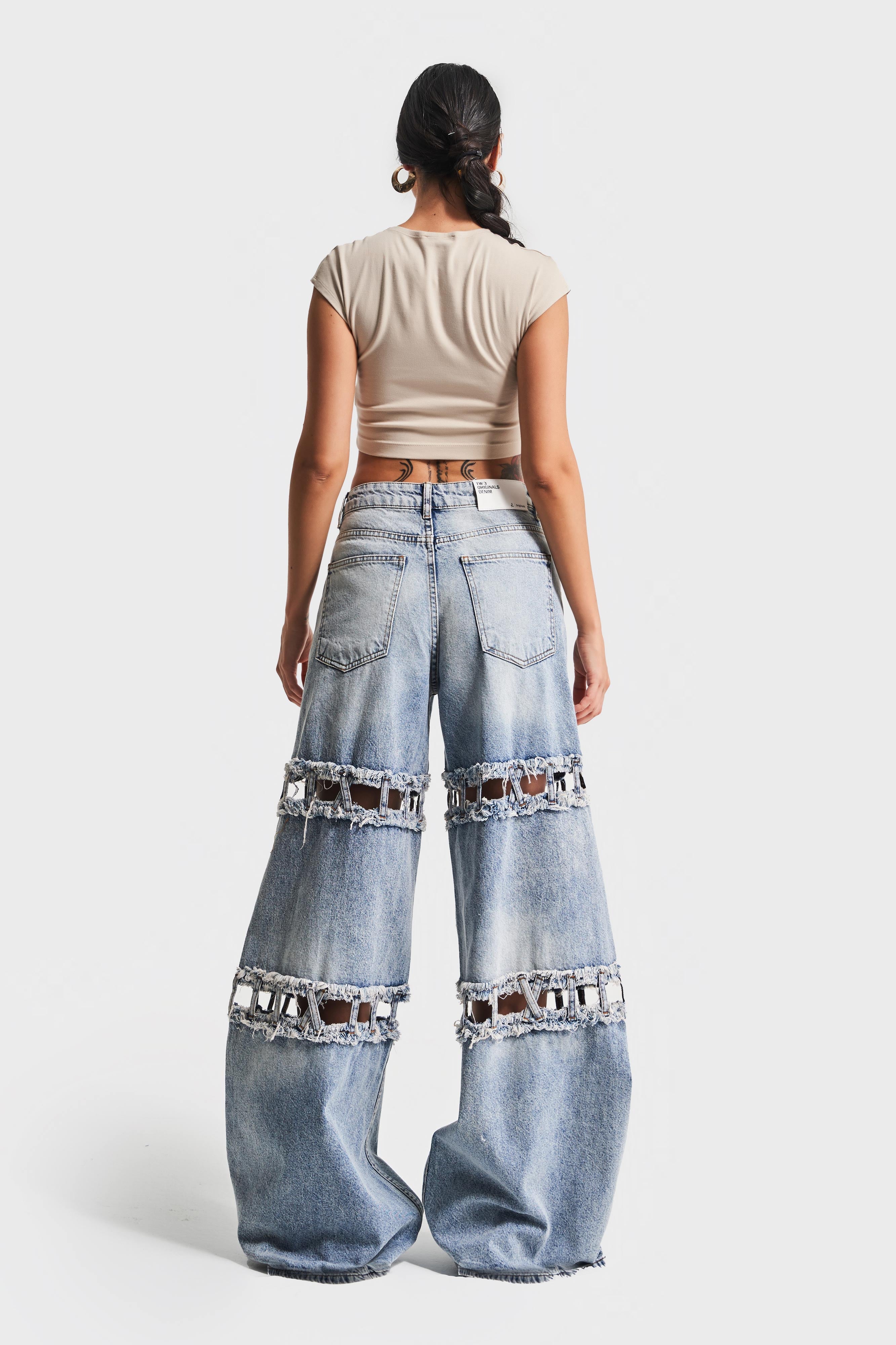 Kadın Kot Rengi Palazzo Fit Yırtık Detaylı Tasarım Denim Jean