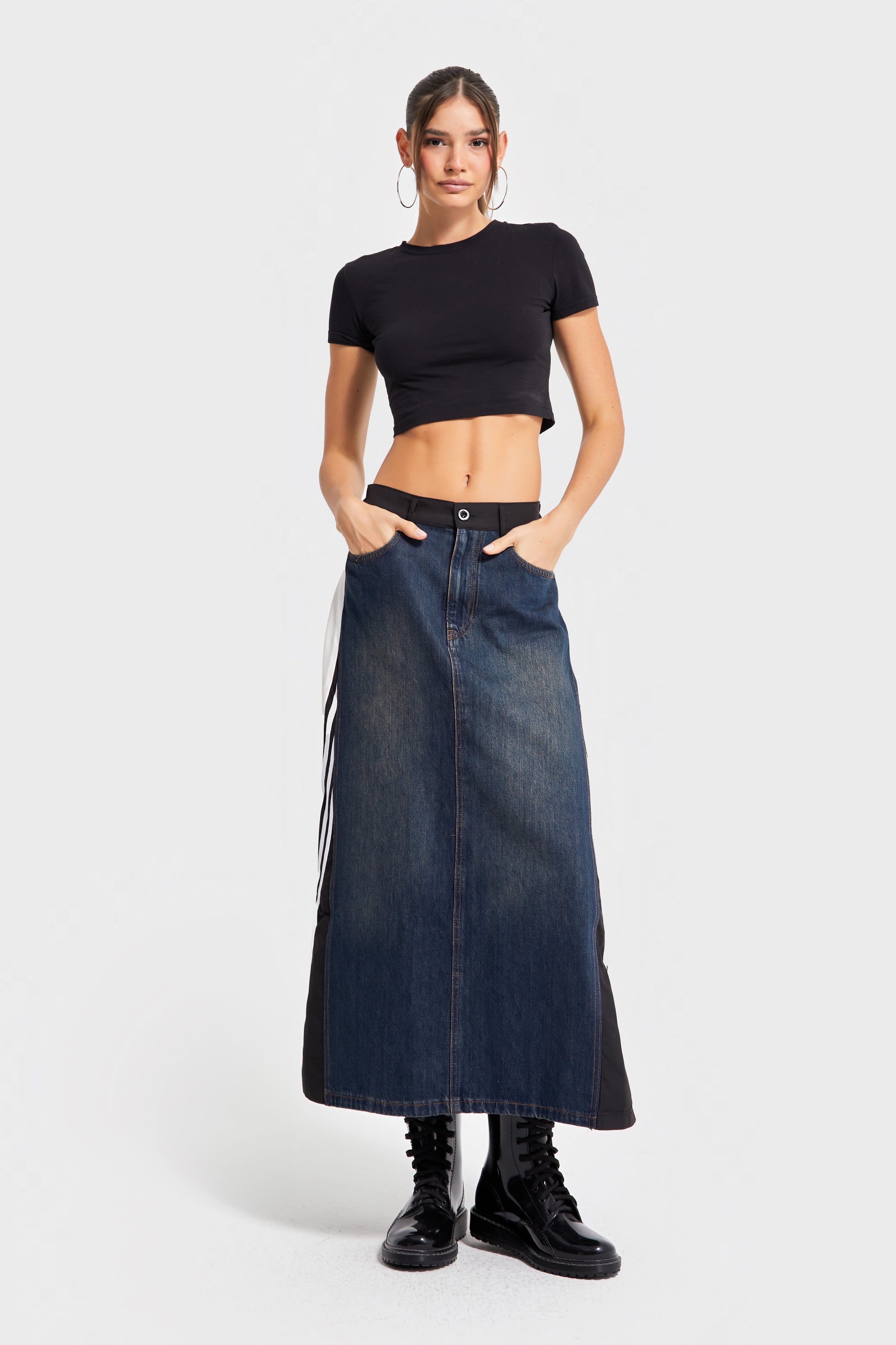 Kadın Kot Rengi Parçalı Kumaş A Tipi Kesim Şerit Detaylı Özel Tasarım Etek