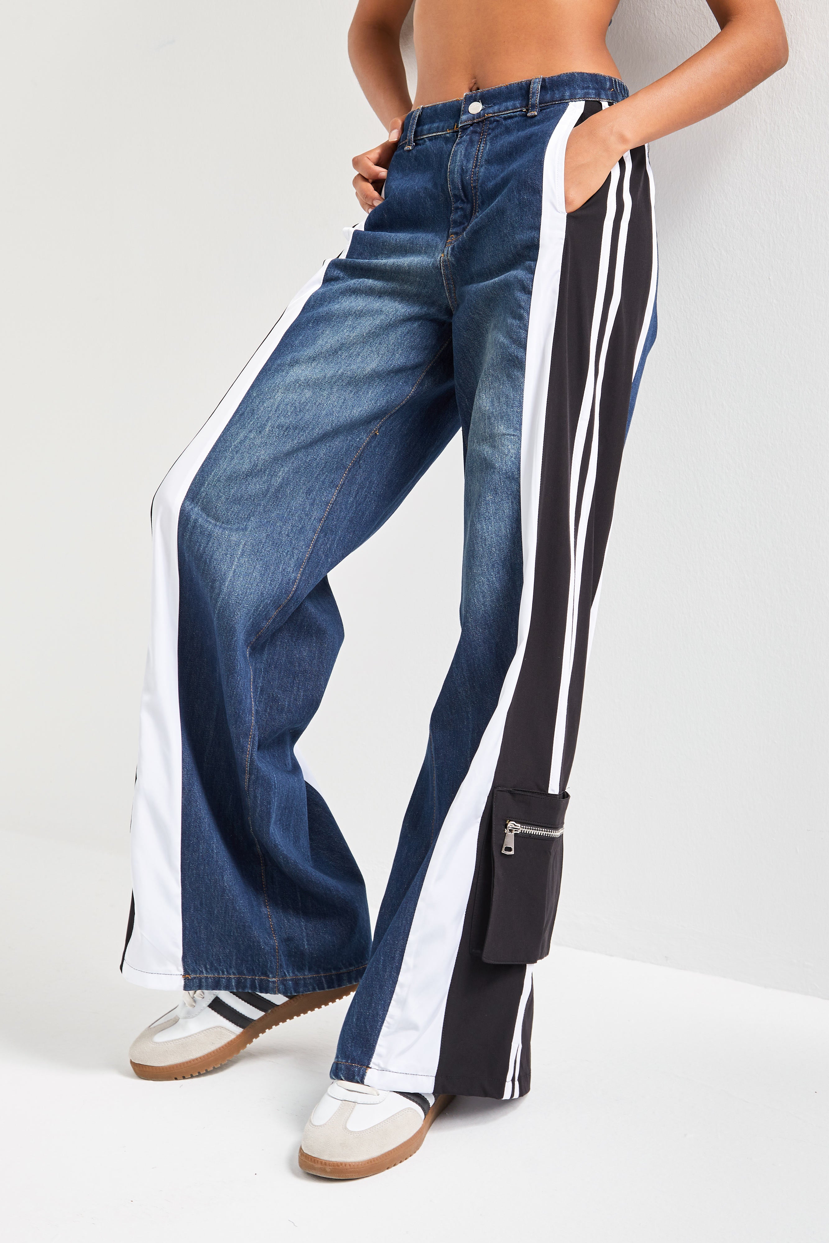 Kadın Kot Rengi Parçalı Kumaş Bol Kesim Özel Tasarım Denim Jean