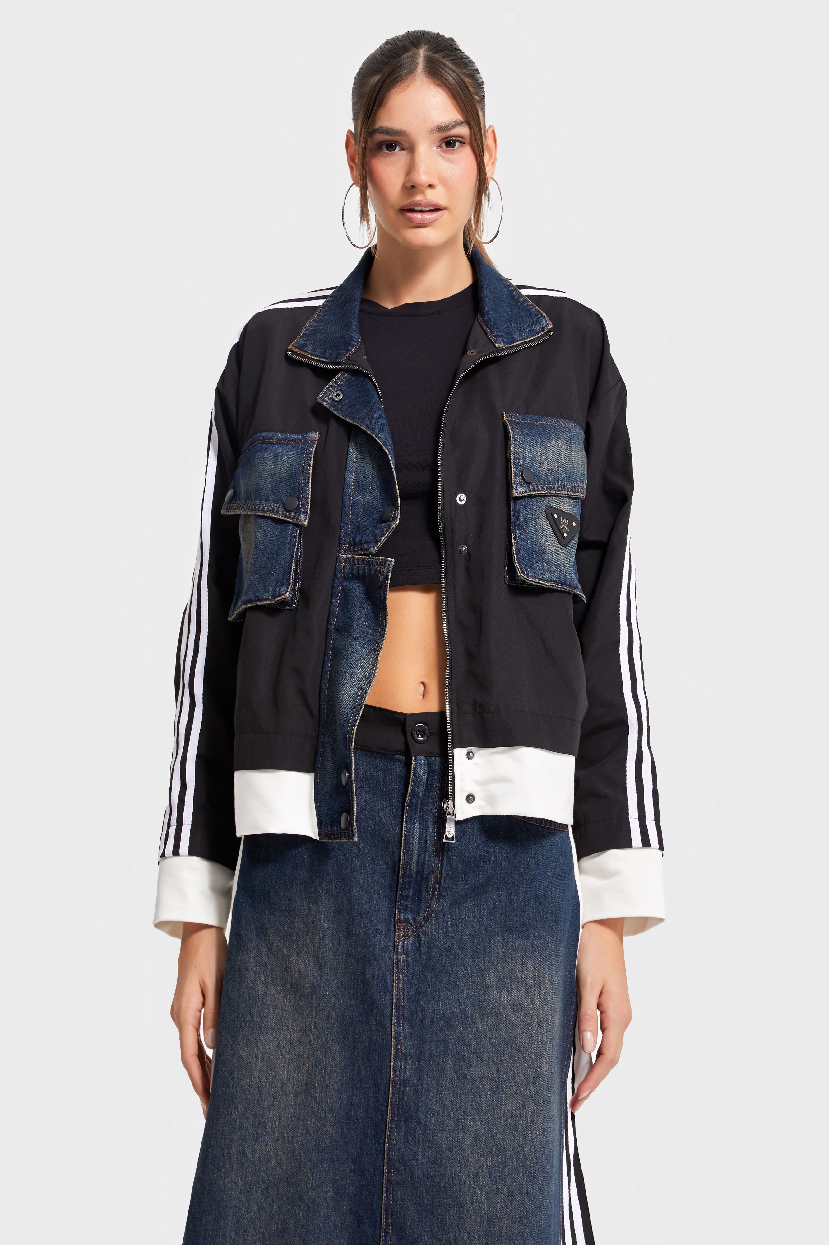 Kadın Kot Rengi Parçalı Kumaş Şerit Detaylı Bol Kesim Özel Tasarım Denim Ceket