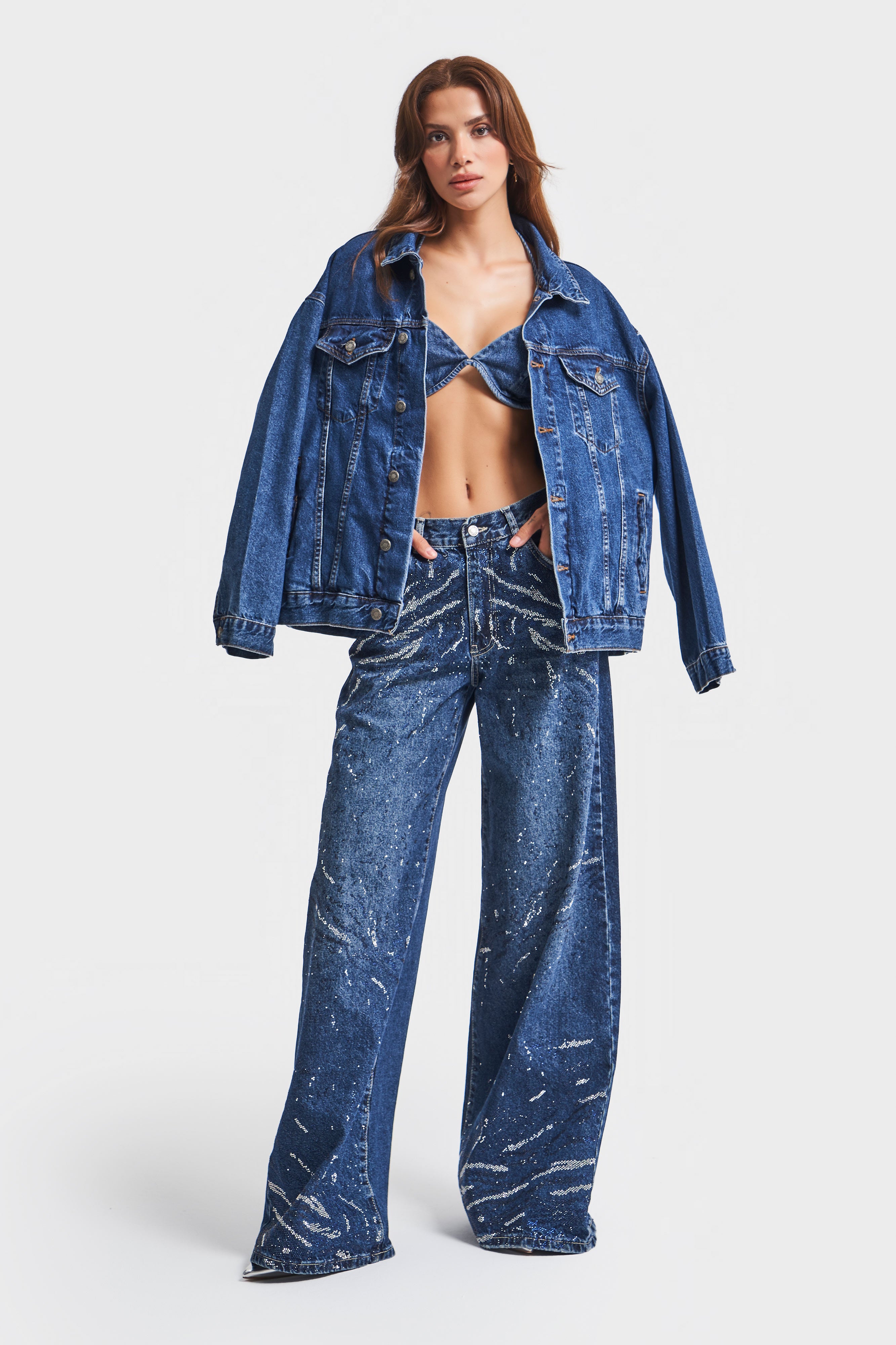 Women's Denim Color Shiny Stone Detailed Palazzo Fit Design Denim