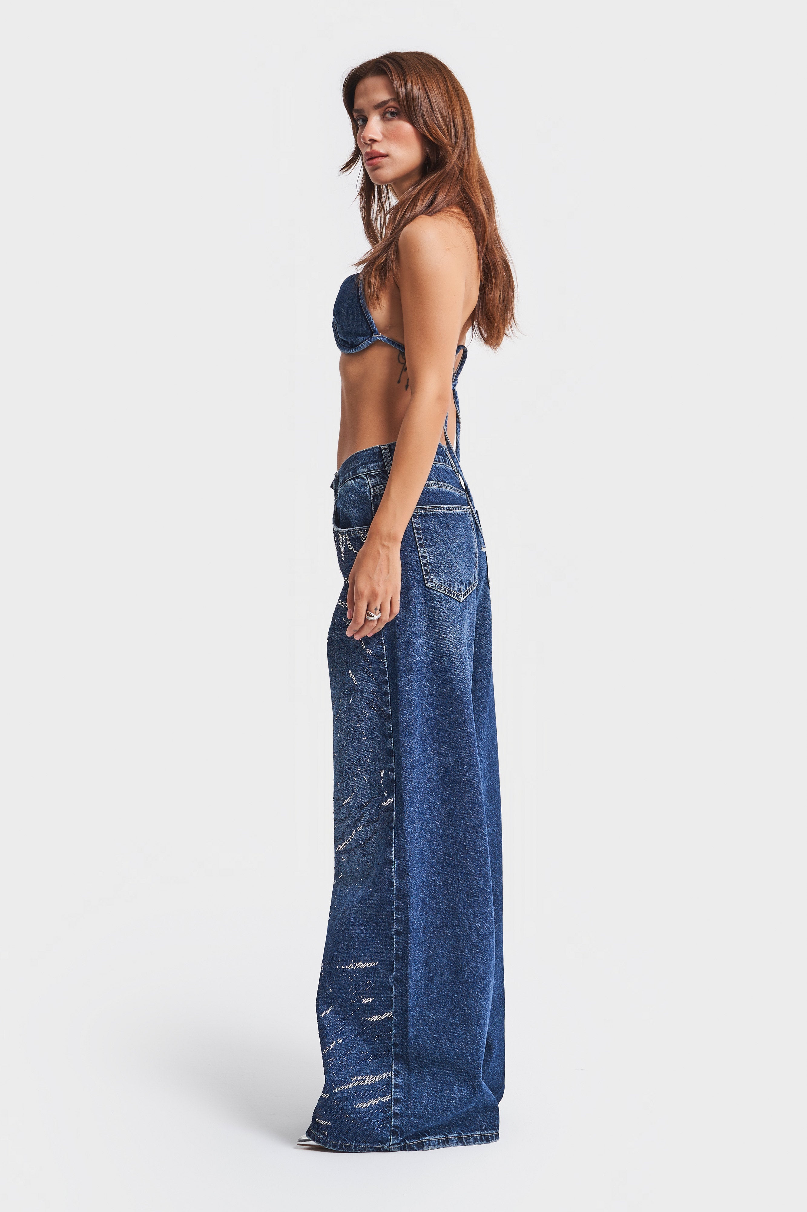 Women's Denim Color Shiny Stone Detailed Palazzo Fit Design Denim