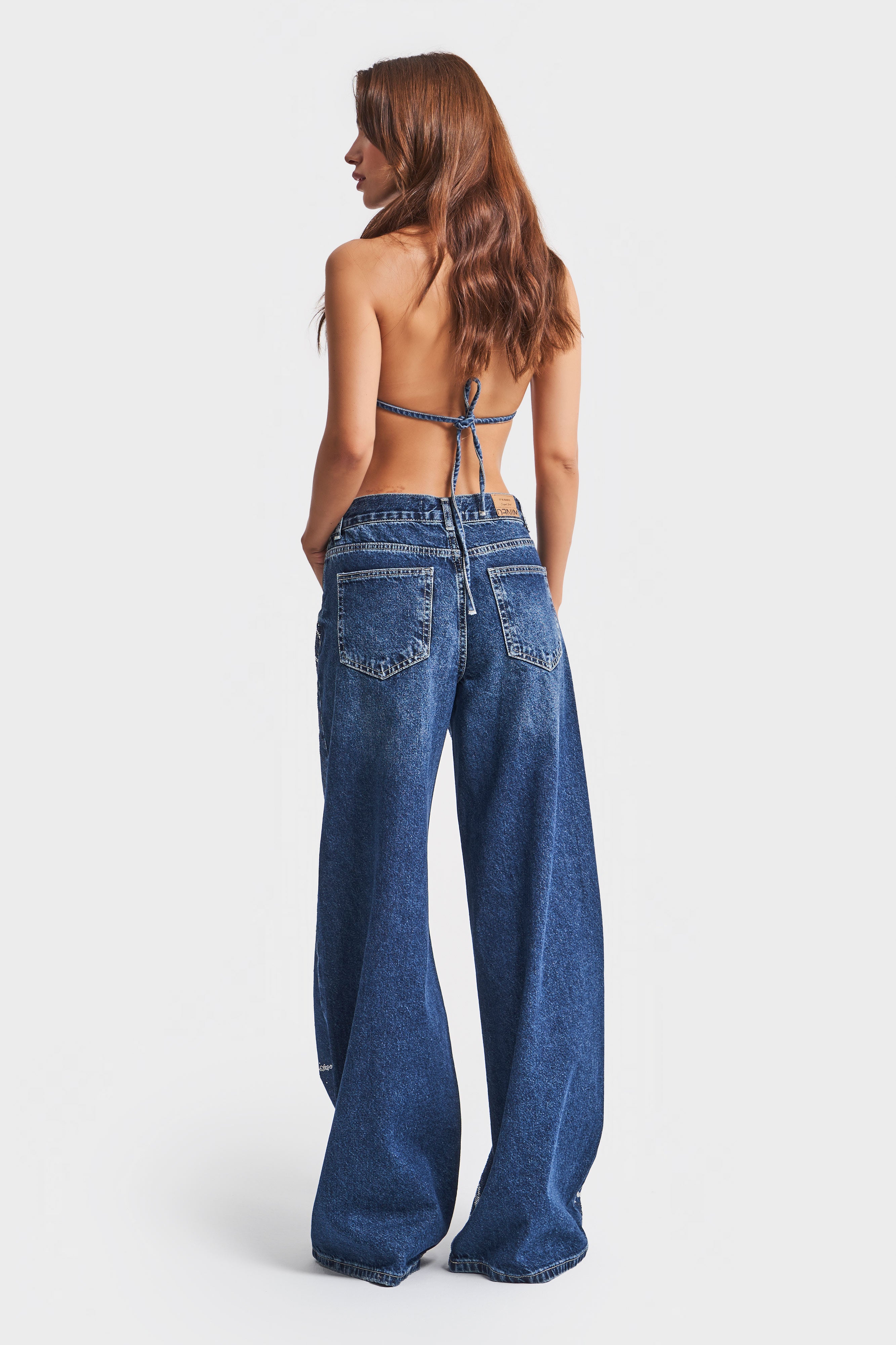 Women's Denim Color Shiny Stone Detailed Palazzo Fit Design Denim