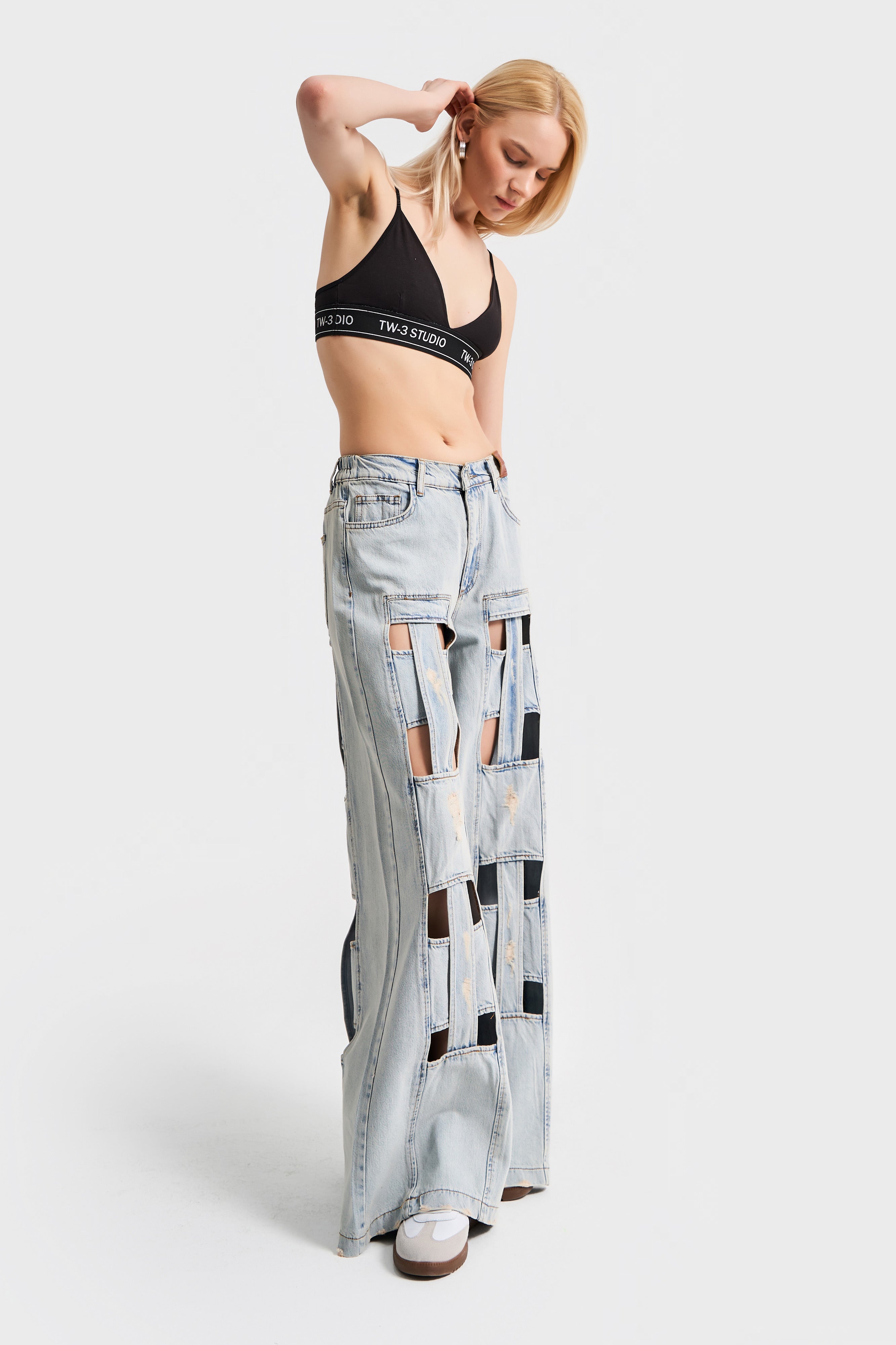 Kadın Kot Rengi Pencere Detaylı Palazzo Fit Tasarım Denim