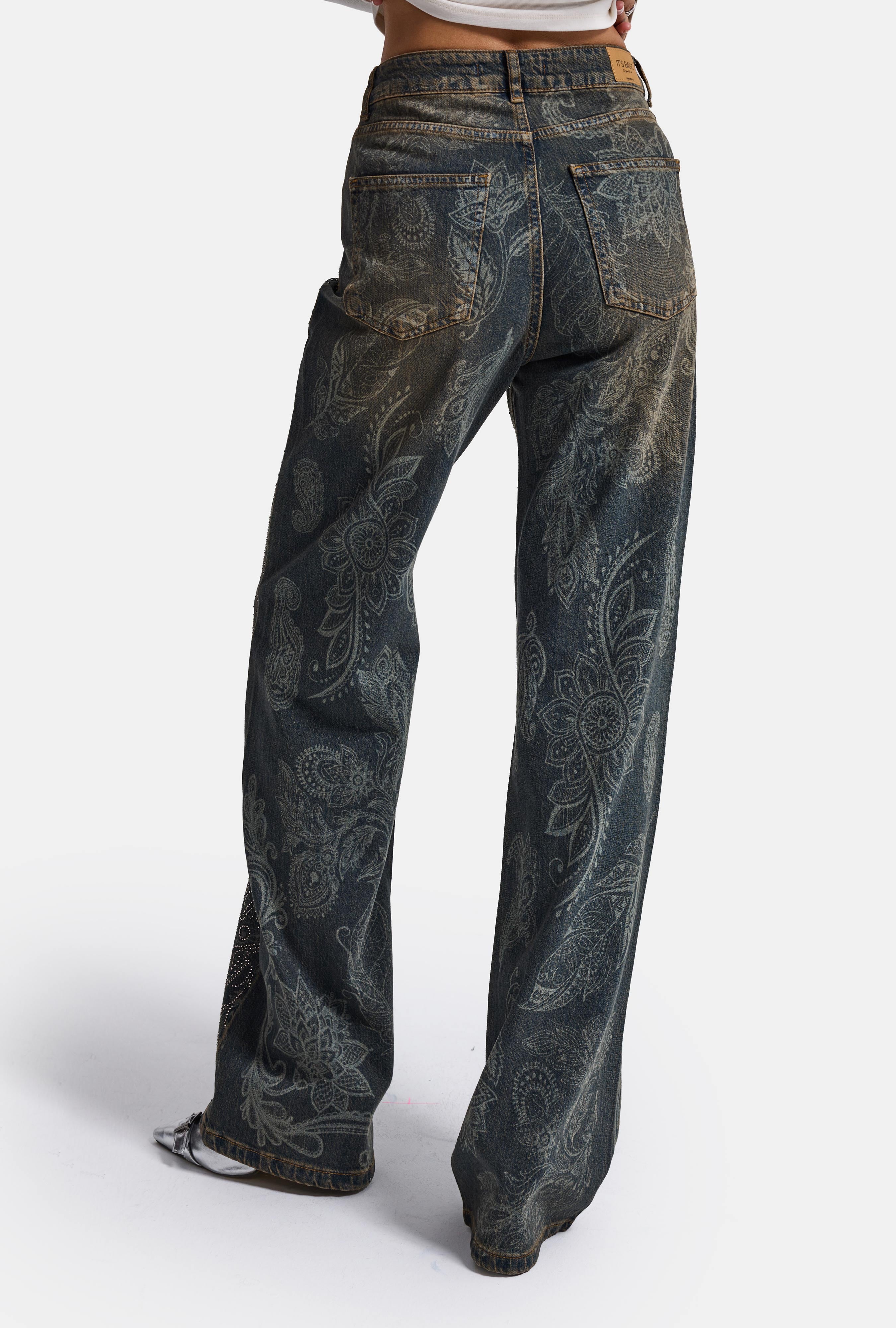 Kadın Kot Rengi T-10w6-8 Loose Fit Parlak Taş ve Desen Tasarım Denim Jean