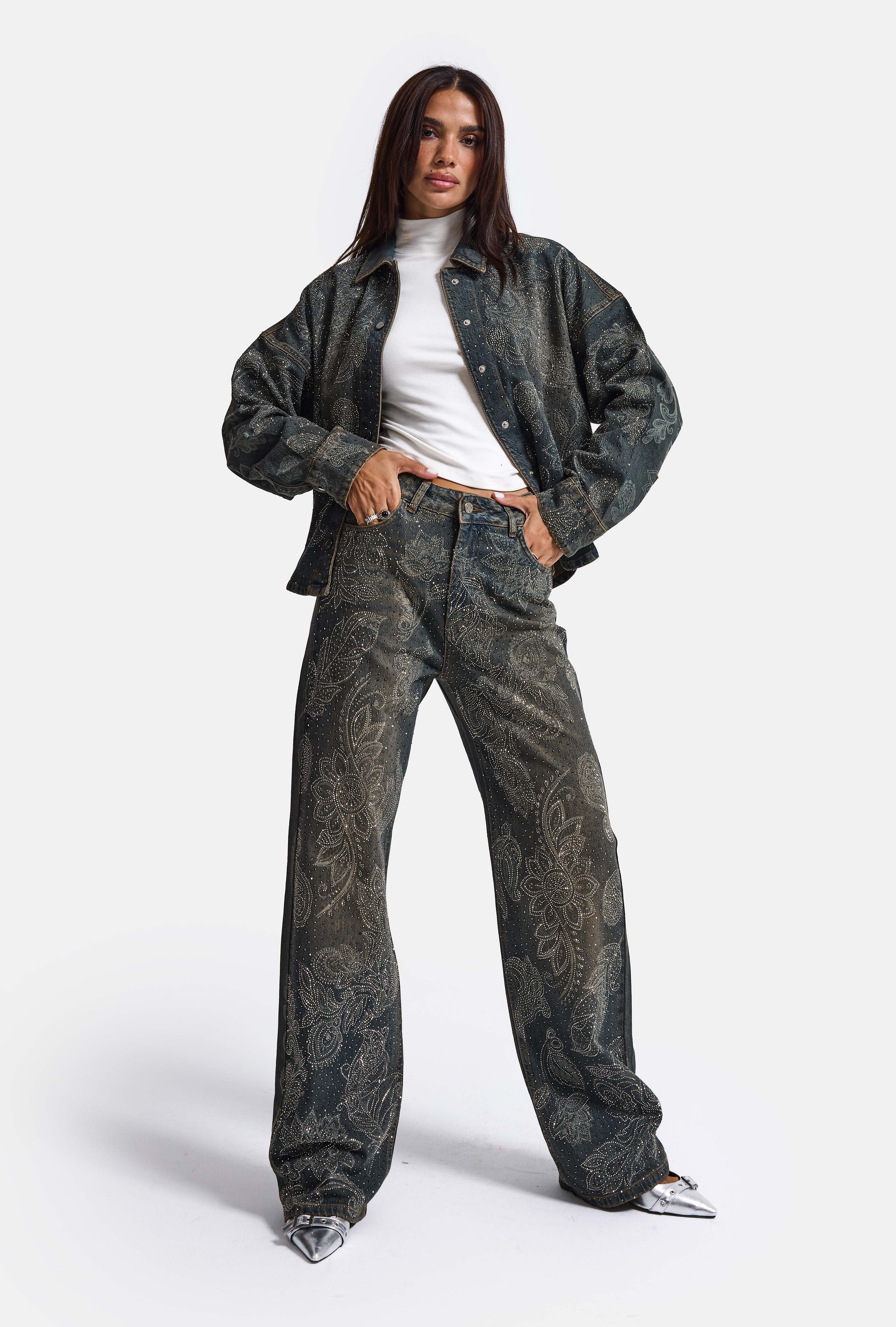 Kadın Kot Rengi T-10w6-8 Loose Fit Parlak Taş ve Desen Tasarım Denim Jean