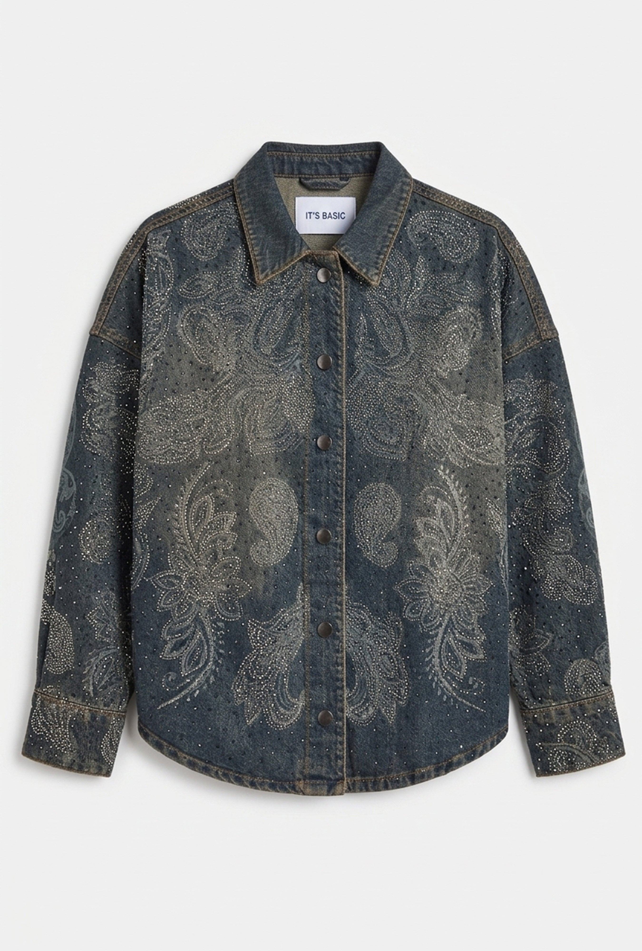 Kadın Kot Rengi T-10w6-8 Oversize Parlak Taş ve Desen Özel Tasarım Denim Ceket