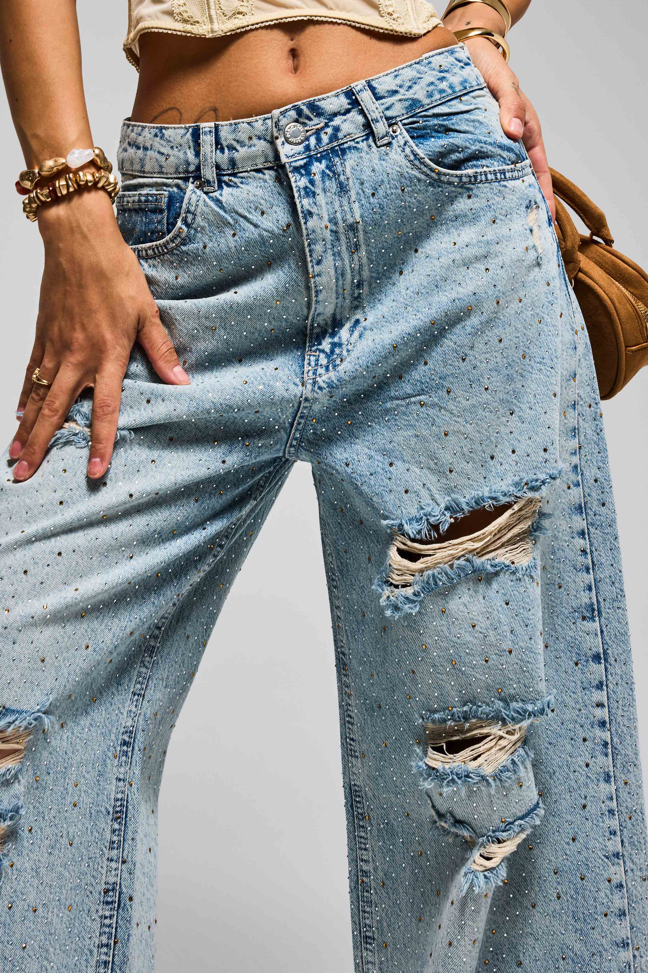 Kadın Kot Rengi T-12s6-32 Süper Baggy Orta Bel Parlak Taşlı Özel Tasarım Denim Jean