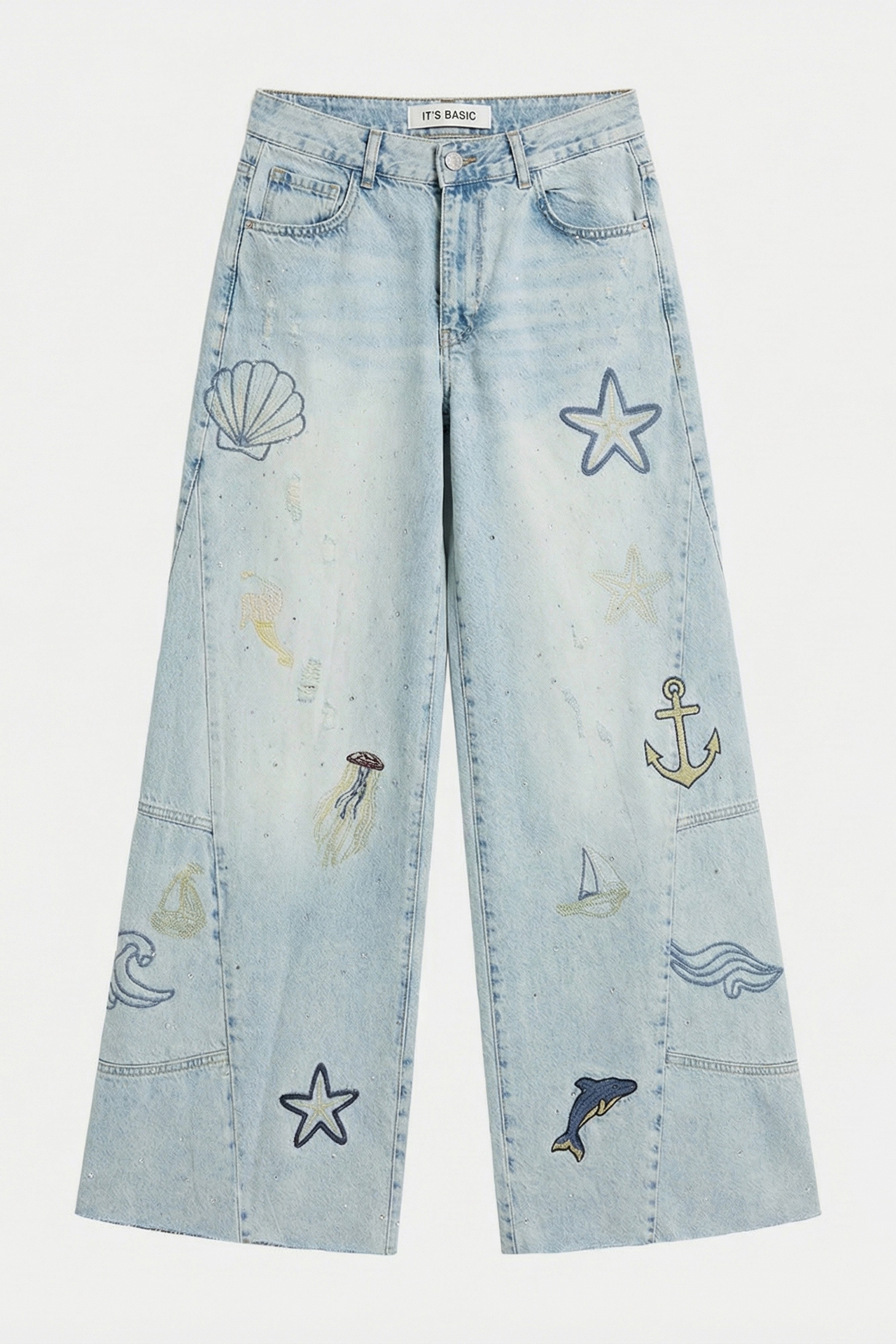 Kadın Kot Rengi T-12s6-99 Palazzo Fit Nakış Detaylı Özel Tasarım Denim Jean