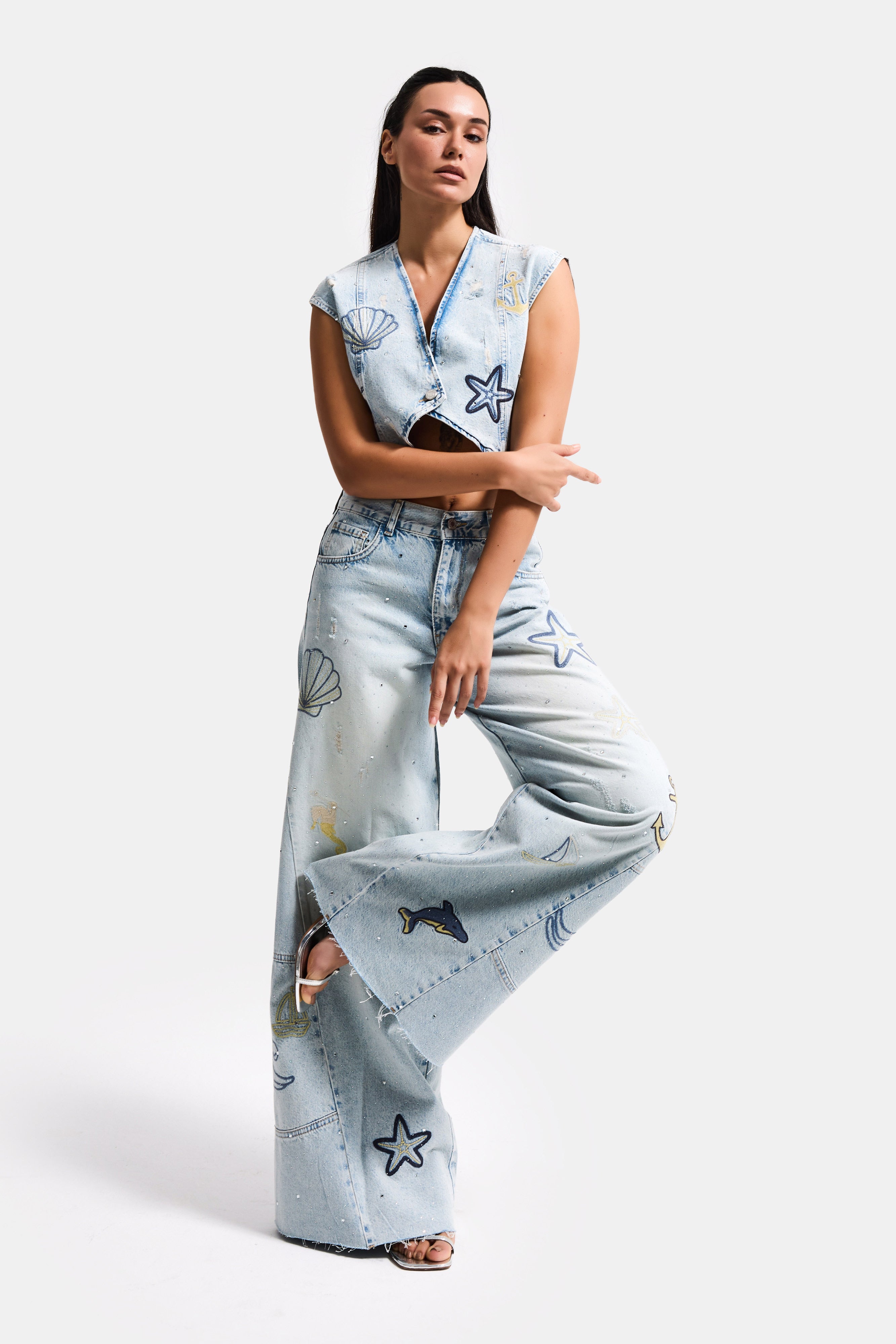 Kadın Kot Rengi T-12s6-99 Palazzo Fit Nakış Detaylı Özel Tasarım Denim Jean