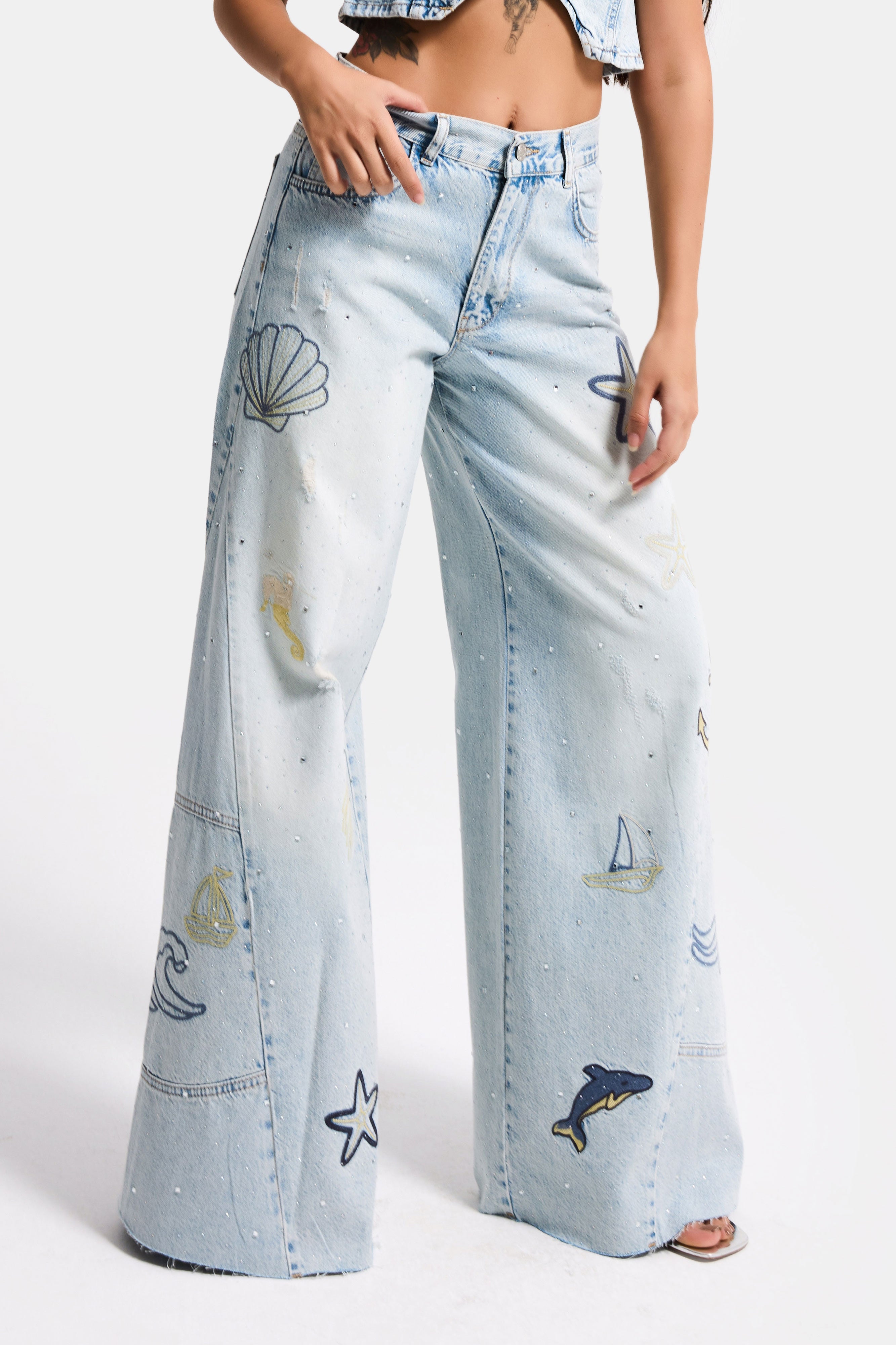 Kadın Kot Rengi T-12s6-99 Palazzo Fit Nakış Detaylı Özel Tasarım Denim Jean