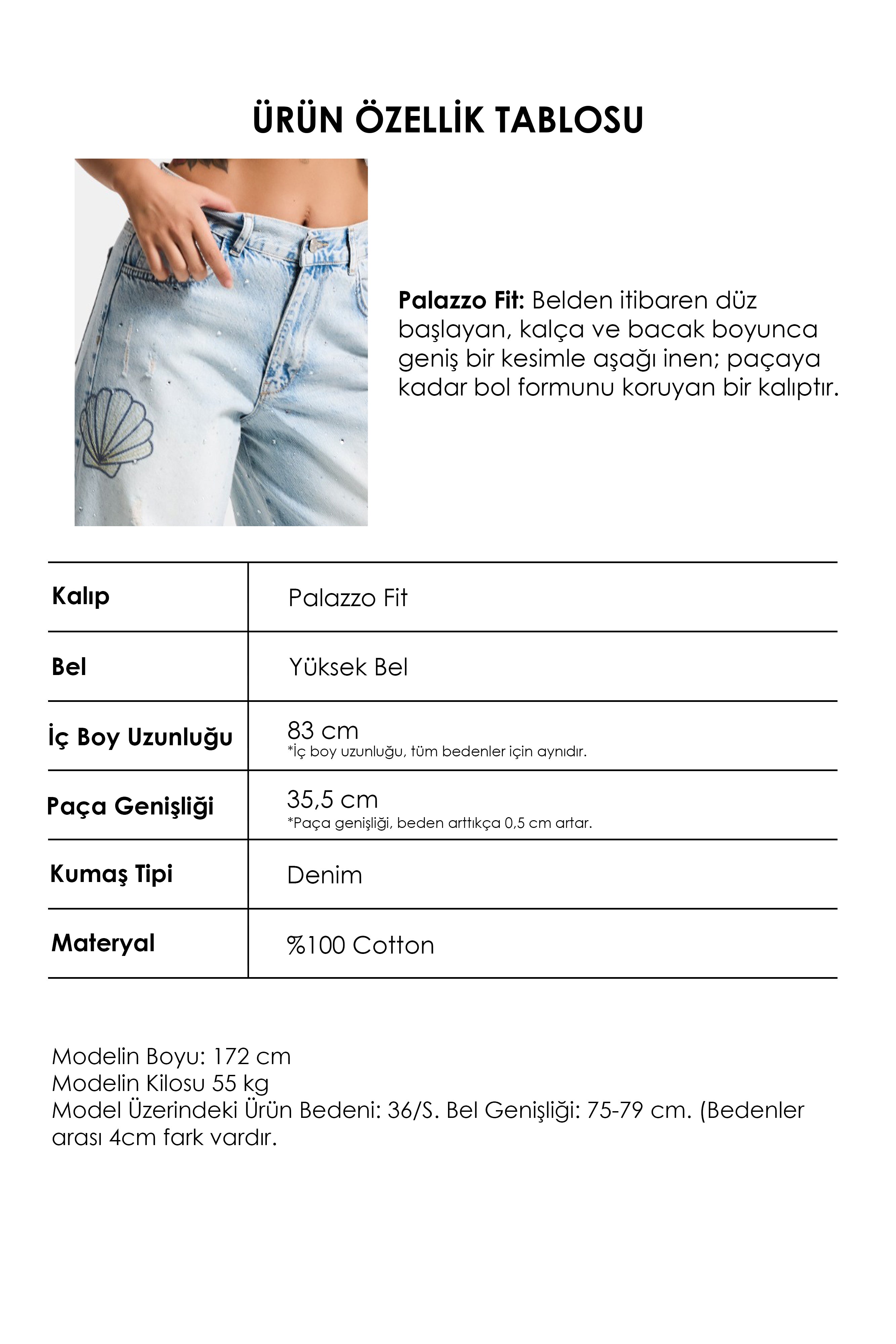 Kadın Kot Rengi T-12s6-99 Palazzo Fit Nakış Detaylı Özel Tasarım Denim Jean