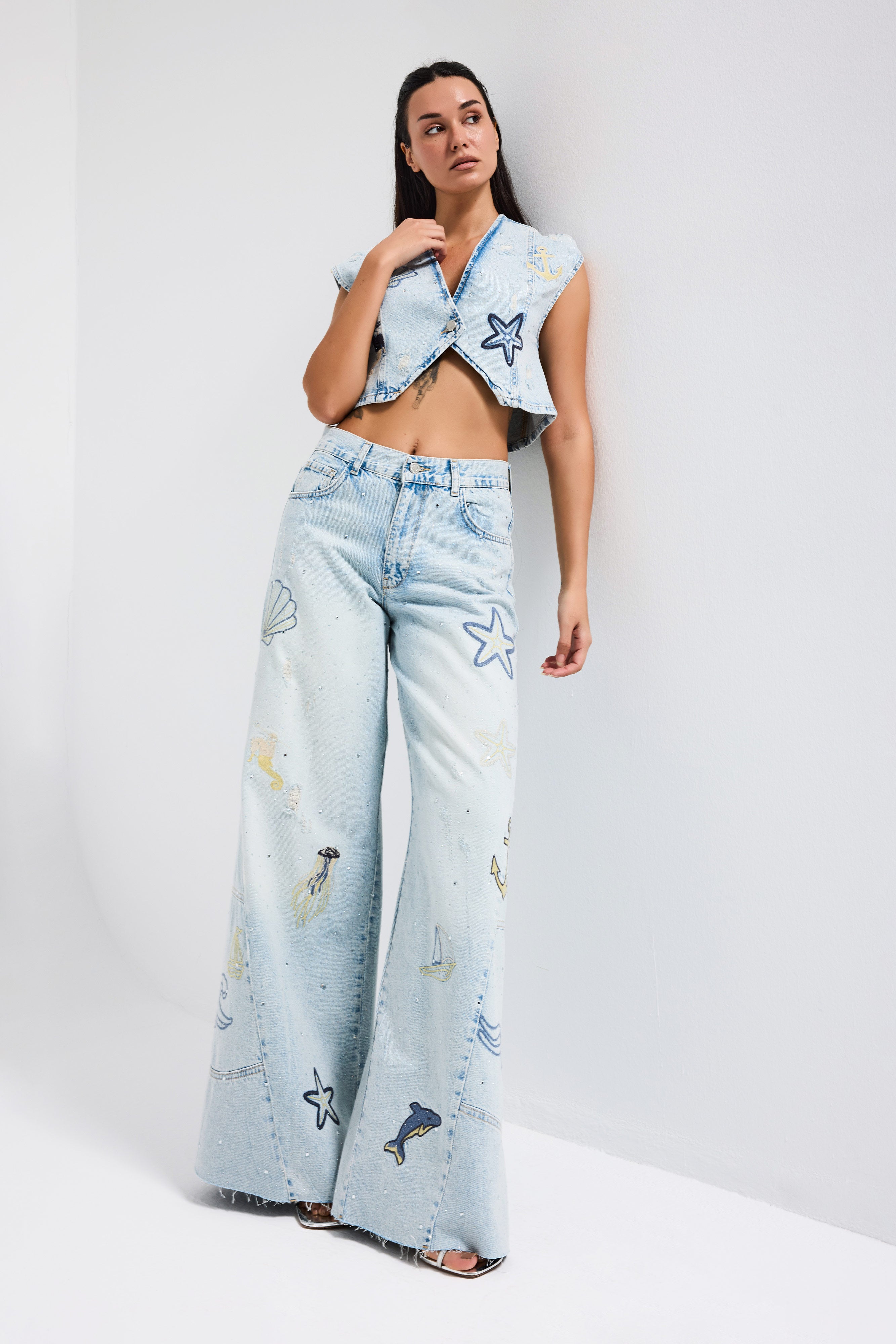 Kadın Kot Rengi T-12s6-99 Palazzo Fit Nakış Detaylı Özel Tasarım Denim Jean