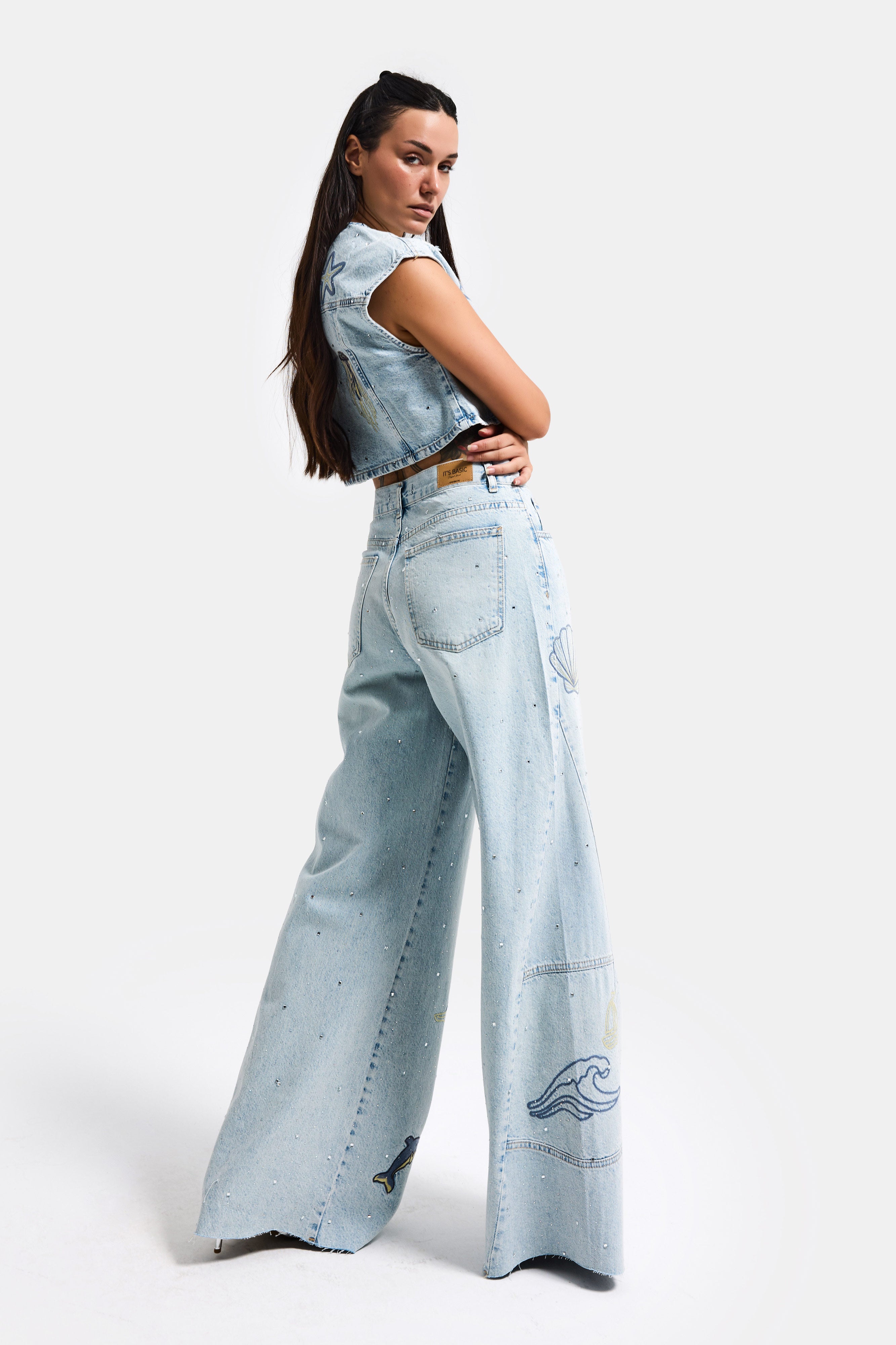 Kadın Kot Rengi T-12s6-99 Palazzo Fit Nakış Detaylı Özel Tasarım Denim Jean