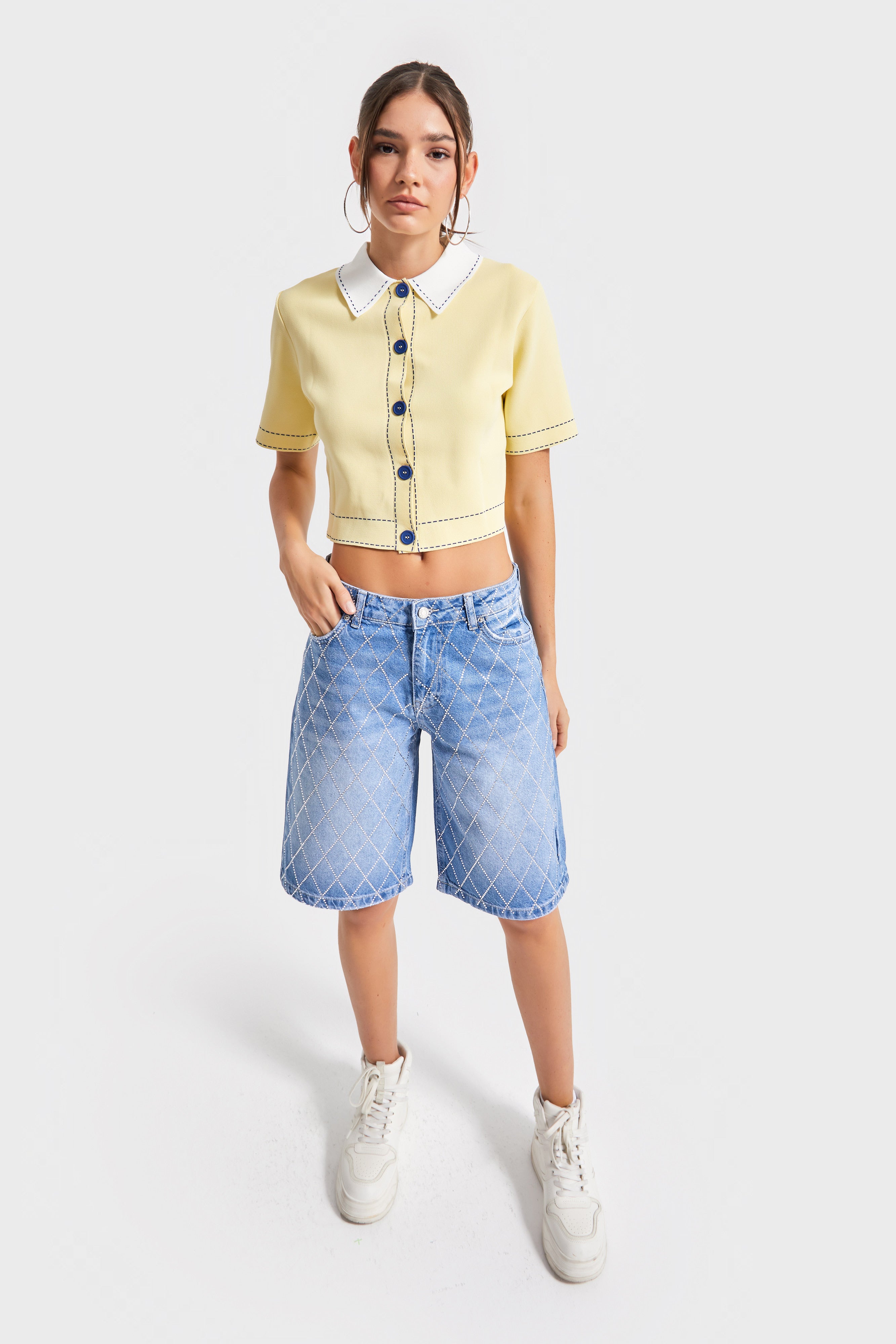 Kadın Kot Rengi T-2s5-4 Baggy Bermuda Fit Parlak Taşlı %100 Koton Tasarım Denim Jean