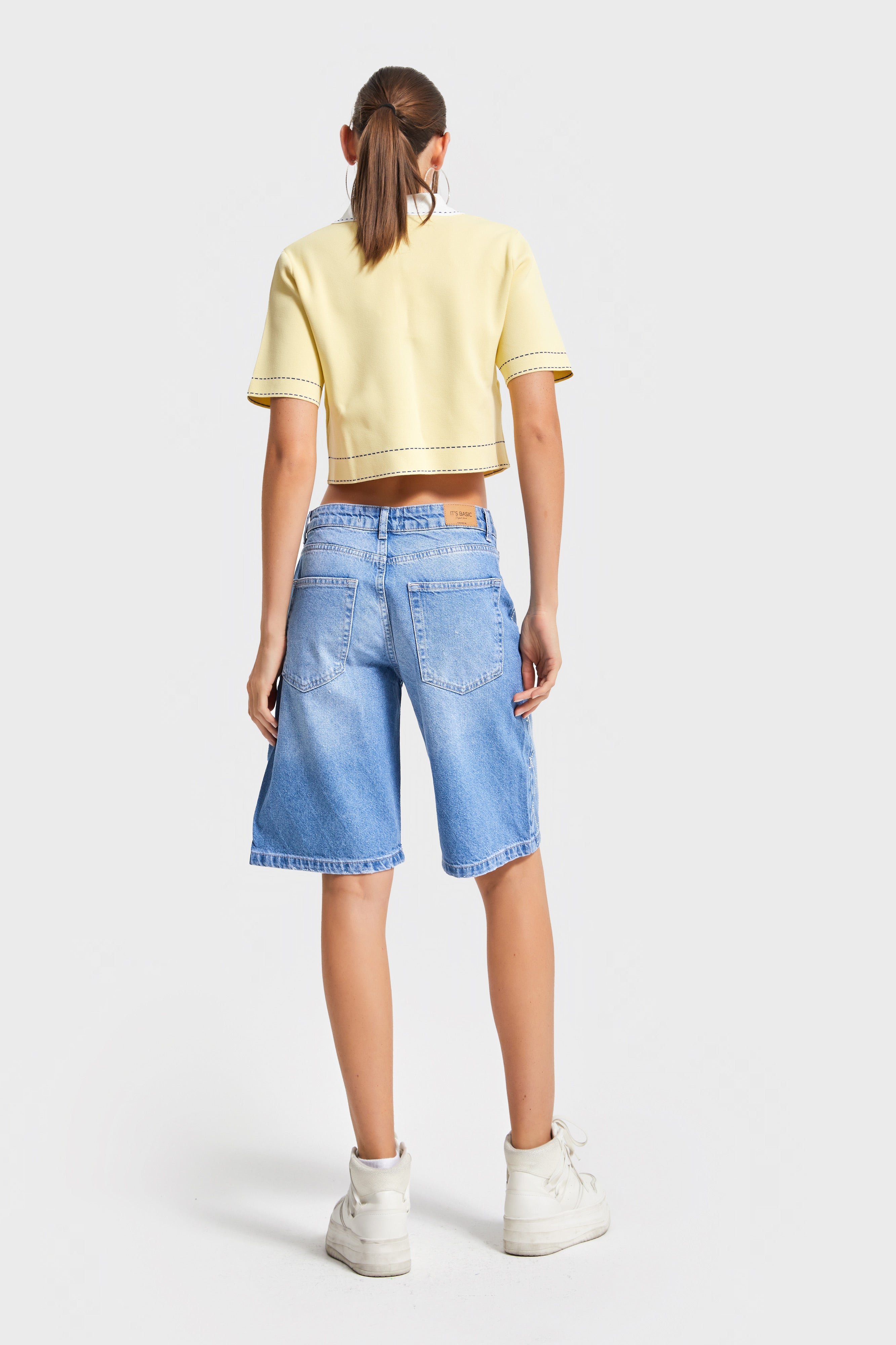 Kadın Kot Rengi T-2s5-4 Baggy Bermuda Fit Parlak Taşlı %100 Koton Tasarım Denim Jean