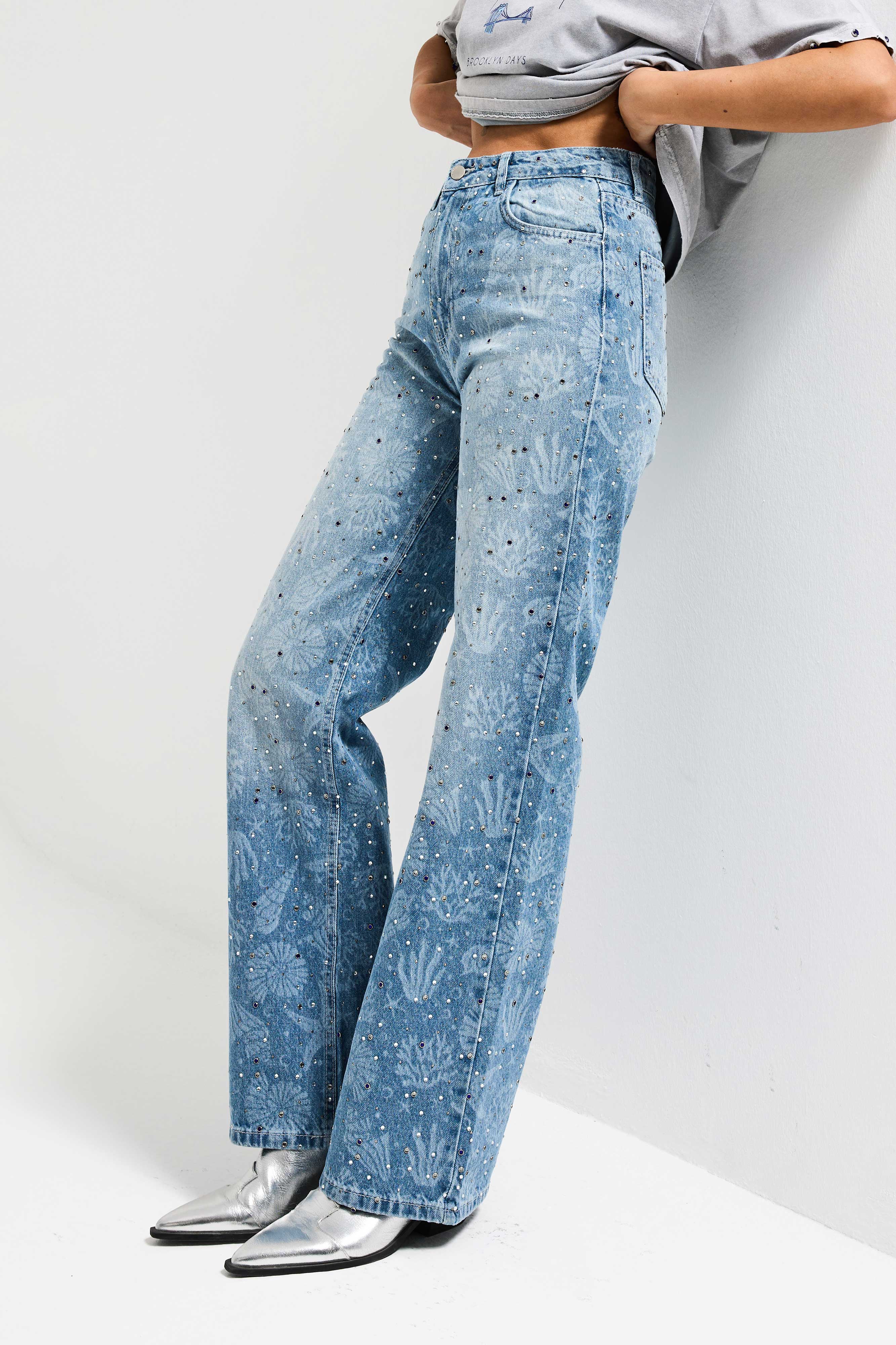 Kadın Kot Rengi T-2s6-27 Straight Fit Özel baskılı Kumaş Parlak Taşlı Tasarım Denim Jean