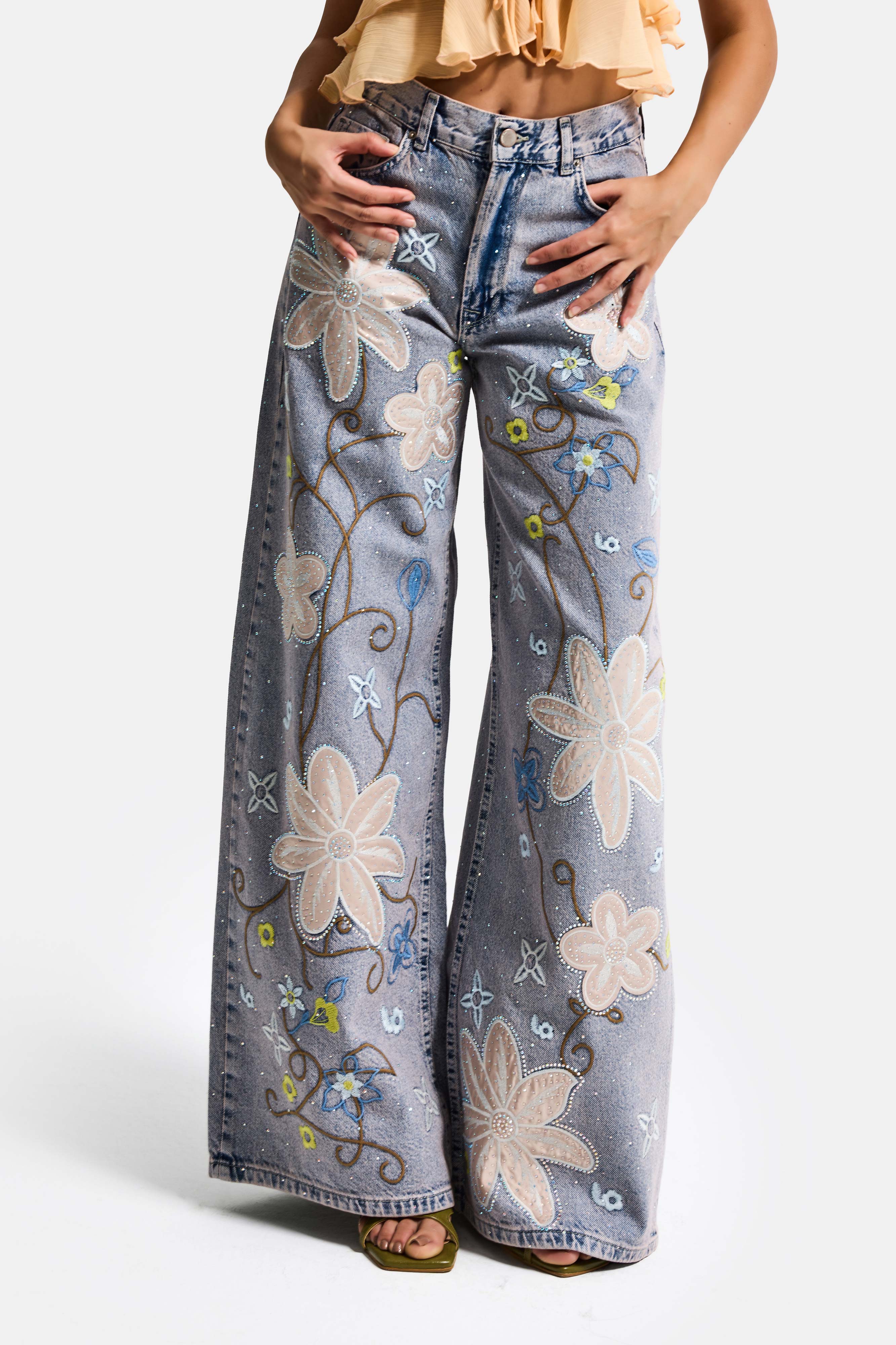 Kadın Kot Rengi T-3s6-89 Palazzo Fit Nakış ve Parlak Taşlı Özel Tasarım Denim Jean