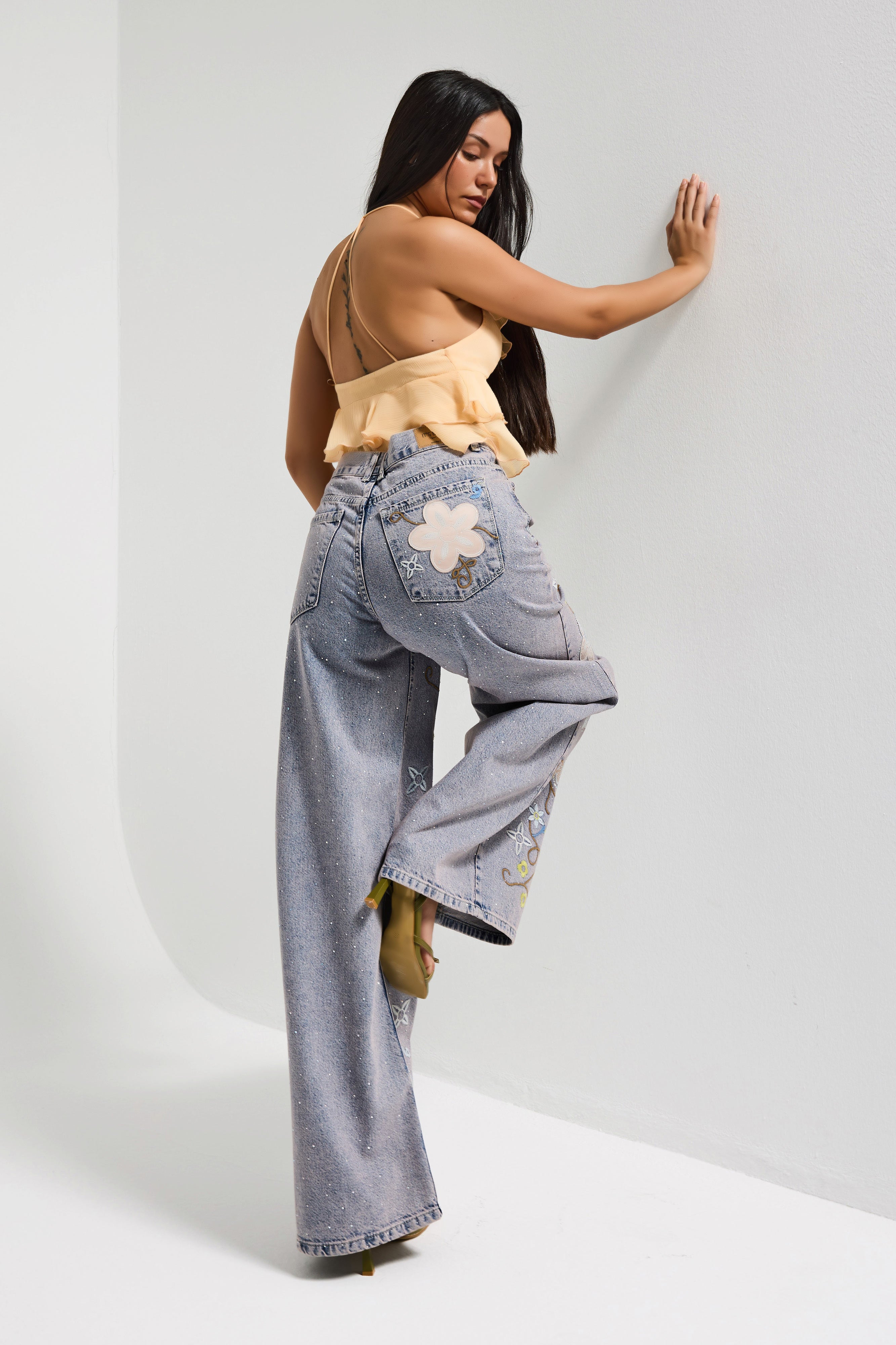 Kadın Kot Rengi T-3s6-89 Palazzo Fit Nakış ve Parlak Taşlı Özel Tasarım Denim Jean