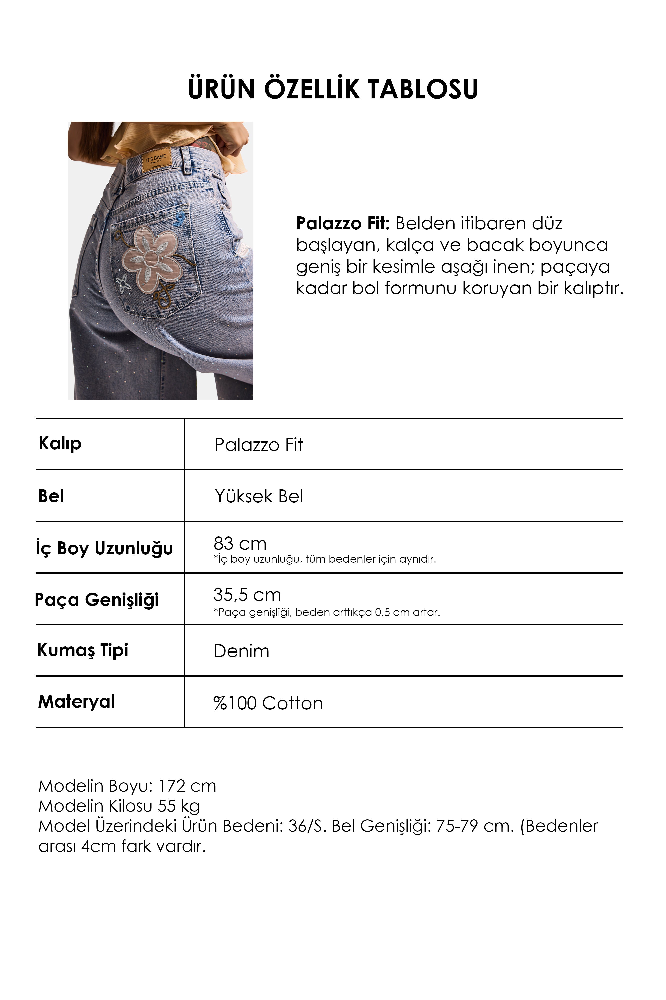 Kadın Kot Rengi T-3s6-89 Palazzo Fit Nakış ve Parlak Taşlı Özel Tasarım Denim Jean