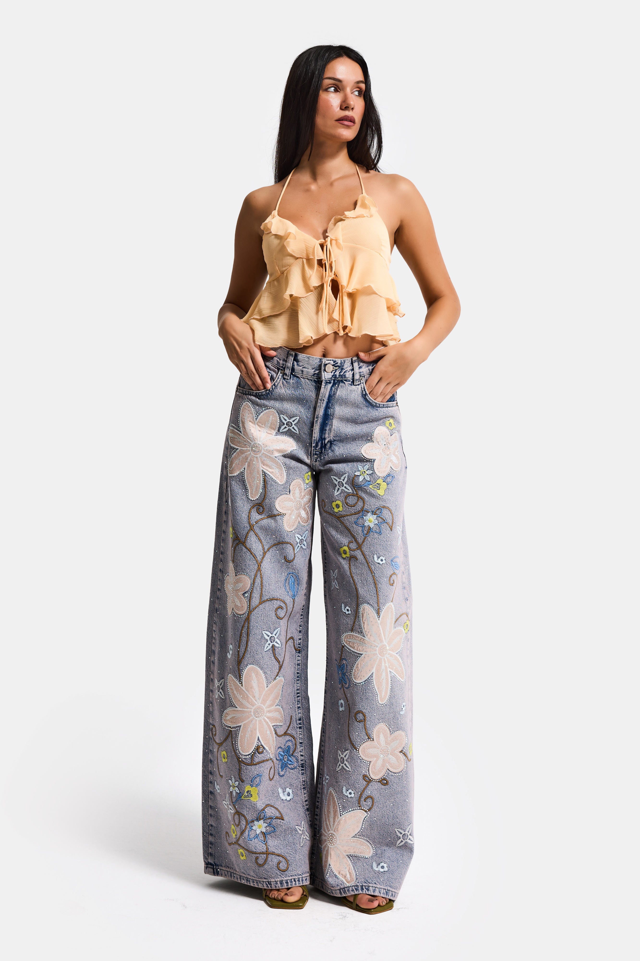 Kadın Kot Rengi T-3s6-89 Palazzo Fit Nakış ve Parlak Taşlı Özel Tasarım Denim Jean